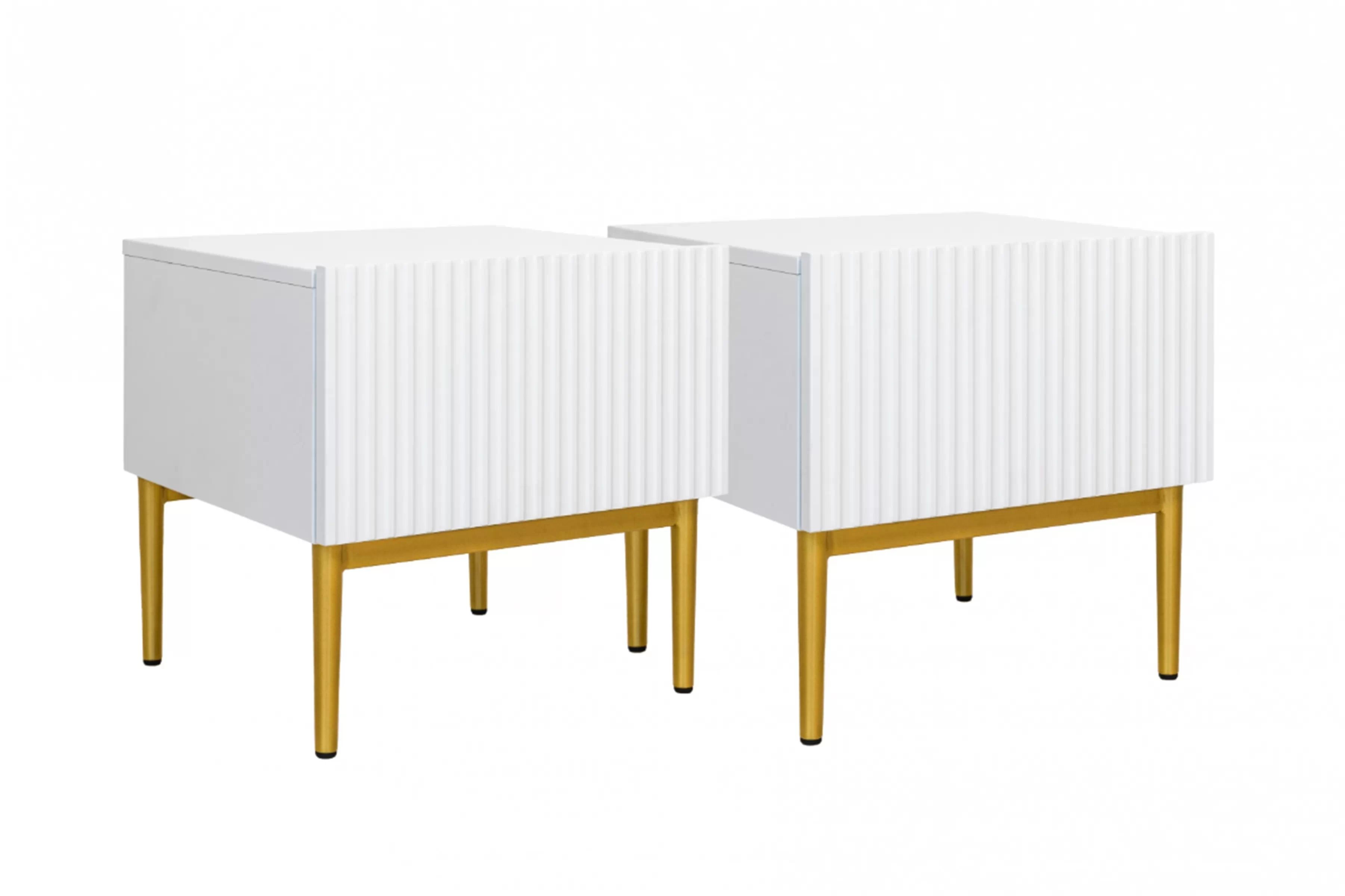 Sada nočných stolíkov Nicole 2 ks - biely mat / zlaté nožičky Komplet 2 ks. Nočný Stolík Stolík z szuflada i metalowymi nogach Nicole - biely mat / zlote nozki