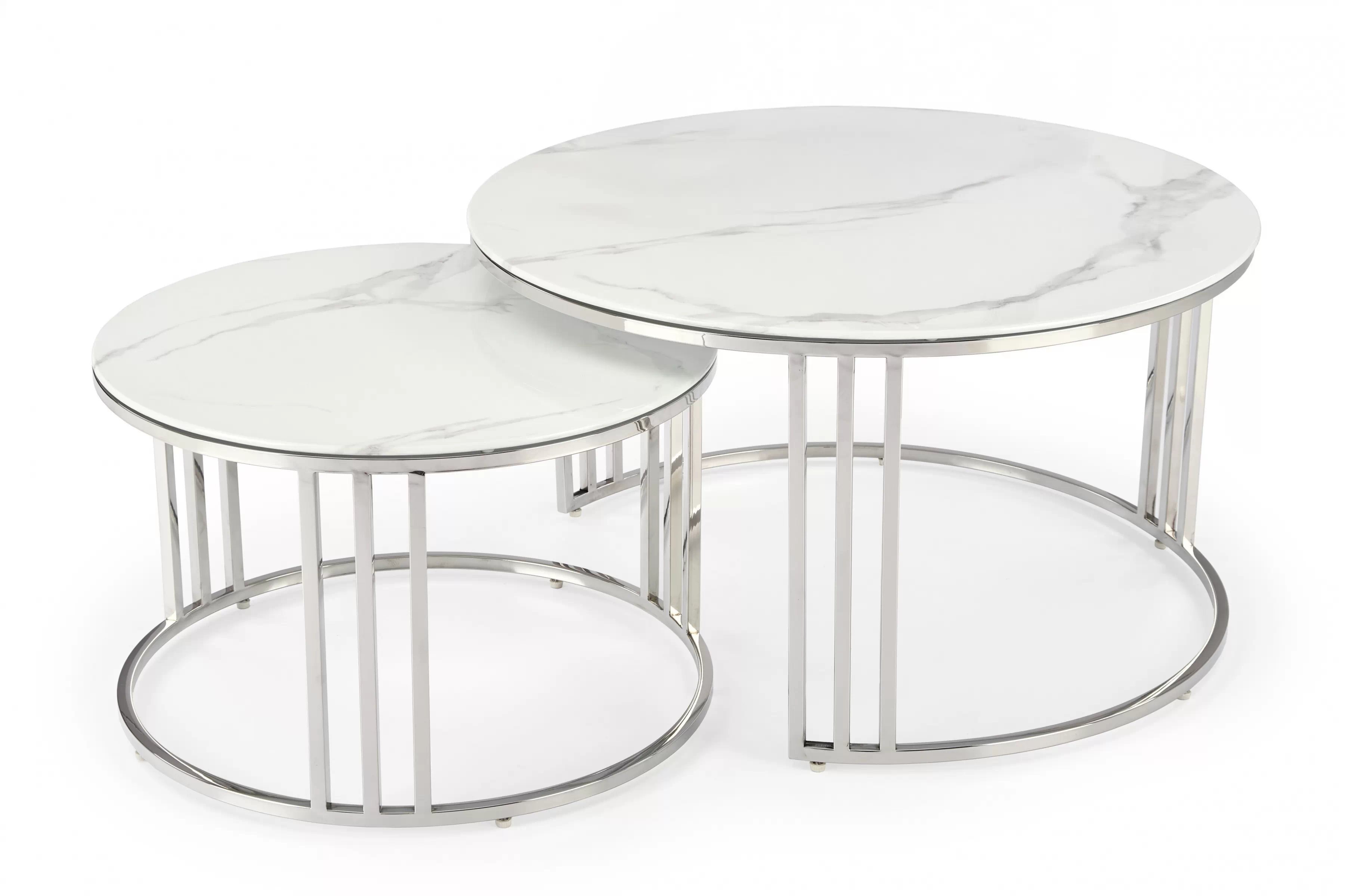 Mercury 2 konferenčních stolků Cureli - stříbrná podnož / bílý mramor Komplet dwoch stolekow kawowych Mercury 2 - stříbrná / bílá mramor