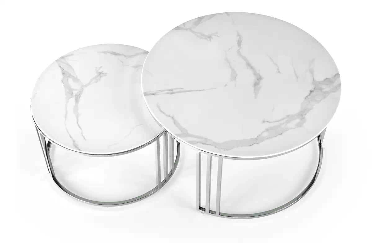 Mercury 2 konferenčních stolků Cureli - stříbrná podnož / bílý mramor Komplet dwoch stolekow kawowych mercury 2 - Stříbrný / Bílý mramor