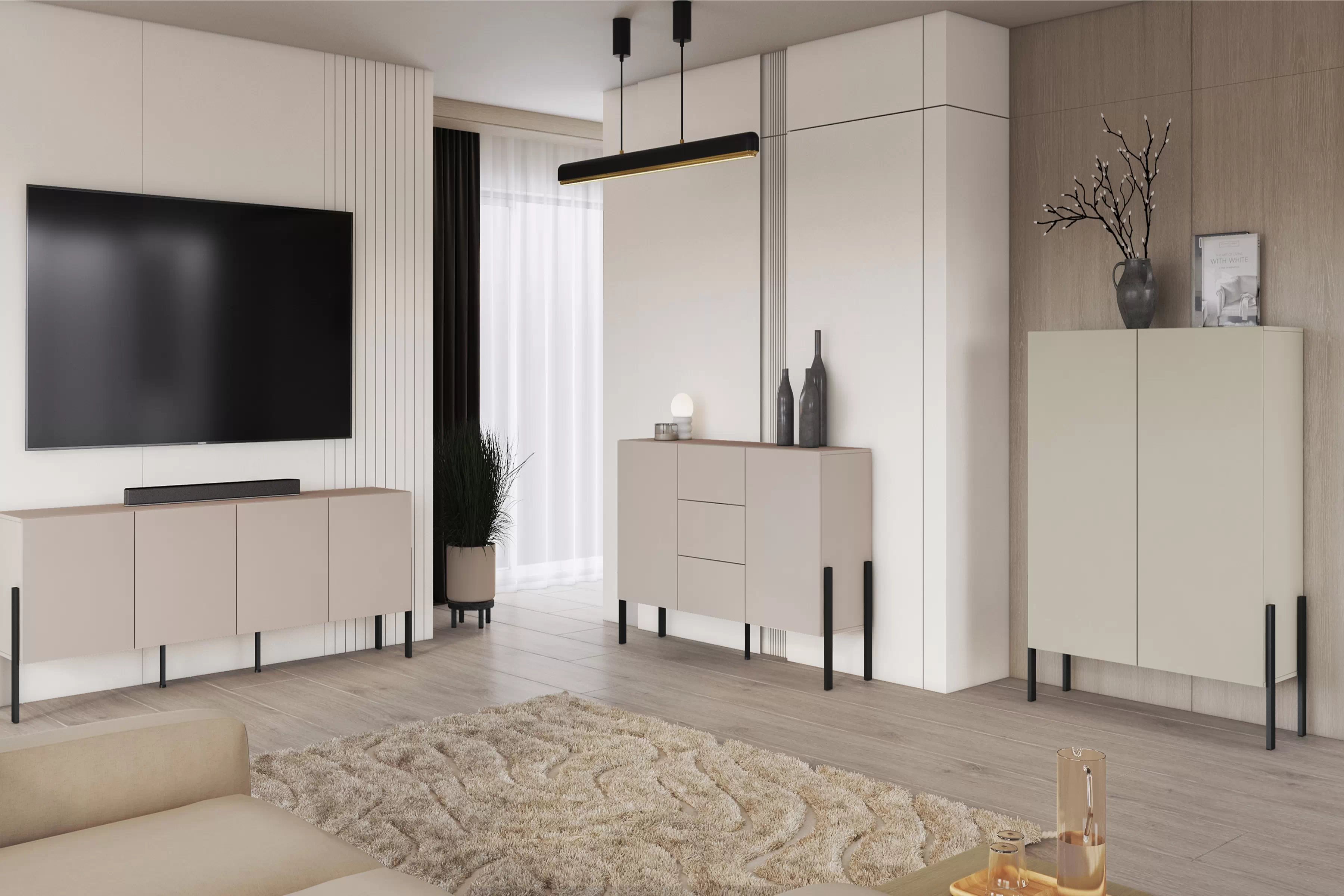 Zostava Jukon do obývačky - TV stolík + 2 komody - kašmírová / čierna Komplet nábytku do obývacej izby Jukon s dvoma komodami  - kašmír / čierny nožičky