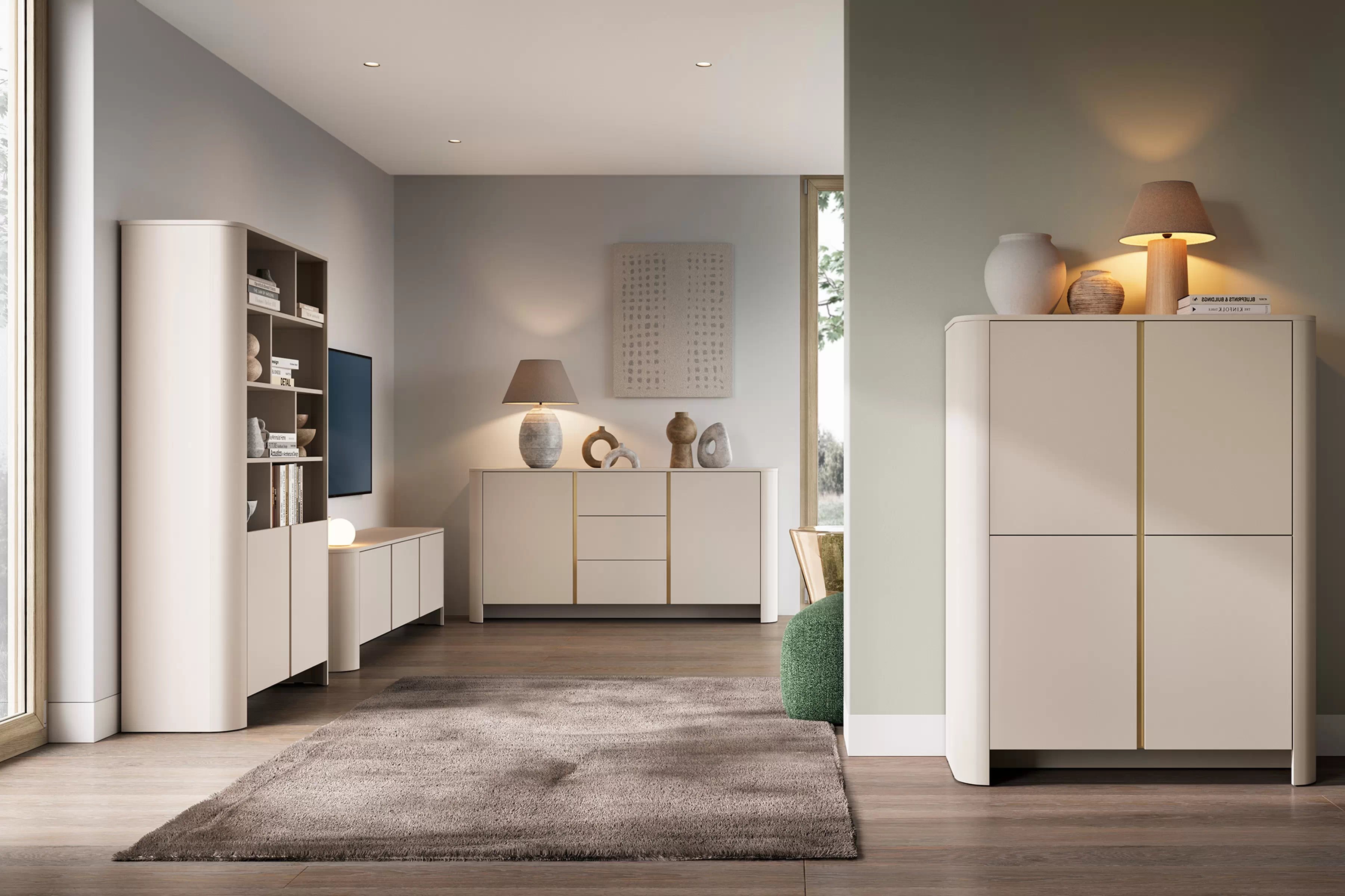 Sestava nábytku do obývacího pokoje Sorrenti – kašmír / zlatá Komplet nábytku pro obývacího pokoje Sorrenti - kašmír / zlatá