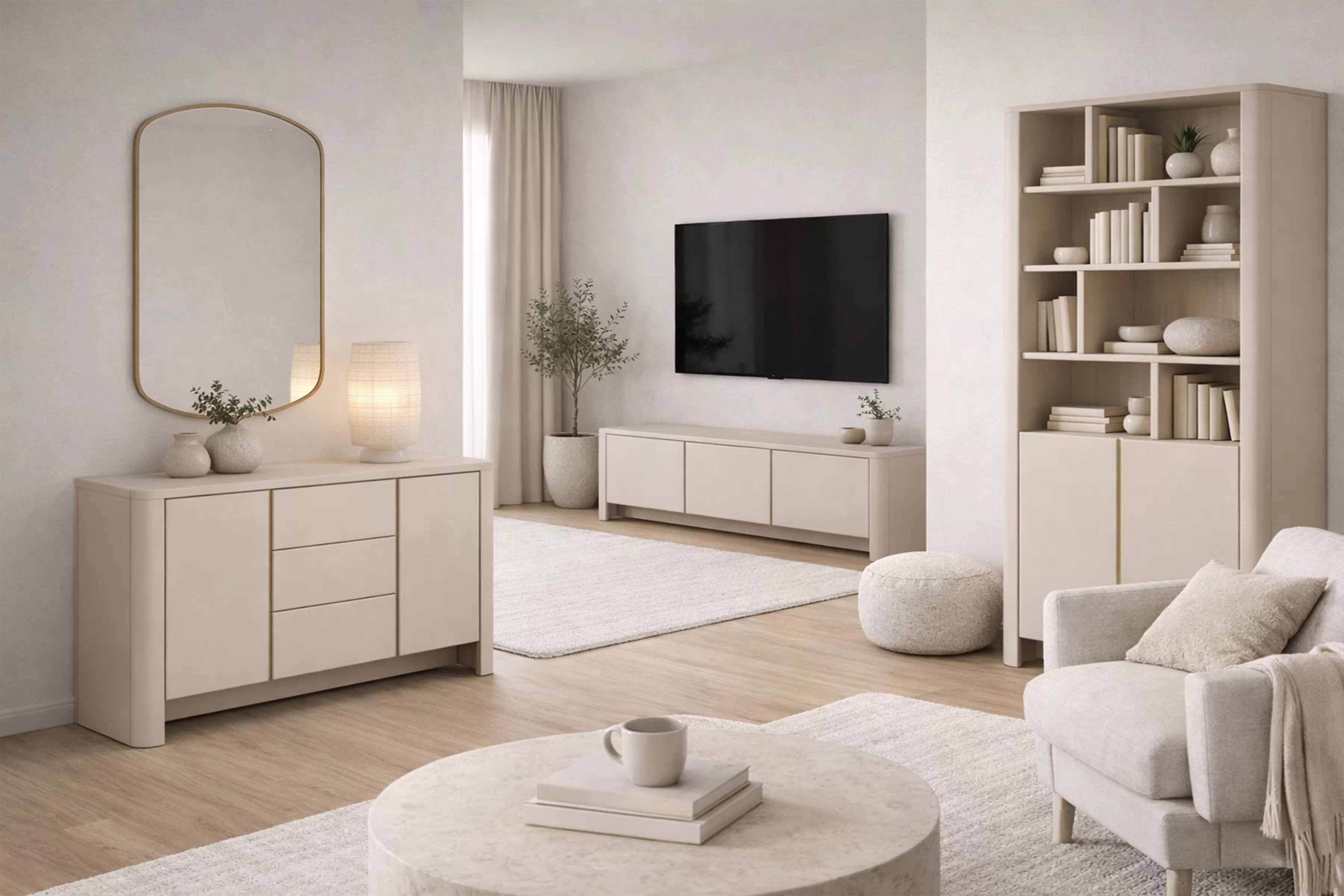 Komplet nábytku pro obývacího pokoje Sorrenti II - kašmír / zlatá Komplet nábytku pro obývacího pokoje Sorrenti II - kašmír / zlatá