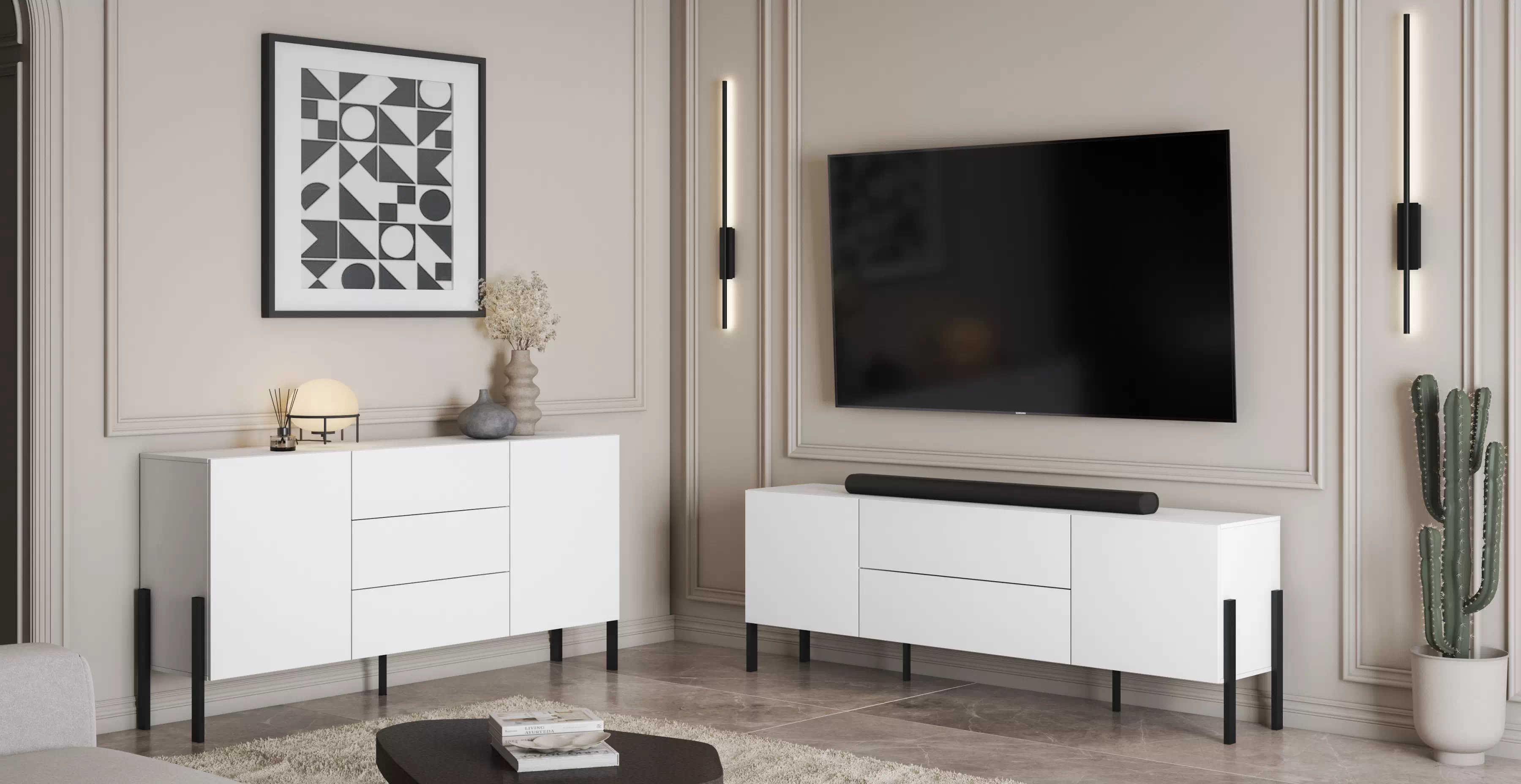 Komplet nábytku pro obývacího pokoje z dwoma komodami - bílá supermat / černé nožičky  Komplet nábytku pro obývacího pokoje z dwoma komodami - bílá supermat / černé nožičky 