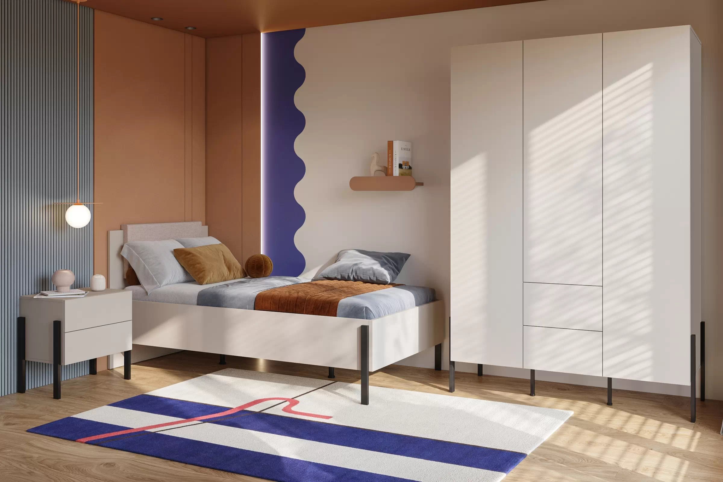 Spálňová zostava Jukon 100x200 cm - kašmírová / čierna Komplet nábytku do  spálňa  Jukon posteľ 100x200 cm, Nočný Stolík i Skriňa trzydrzwiowa - kašmír / čierny nožičky