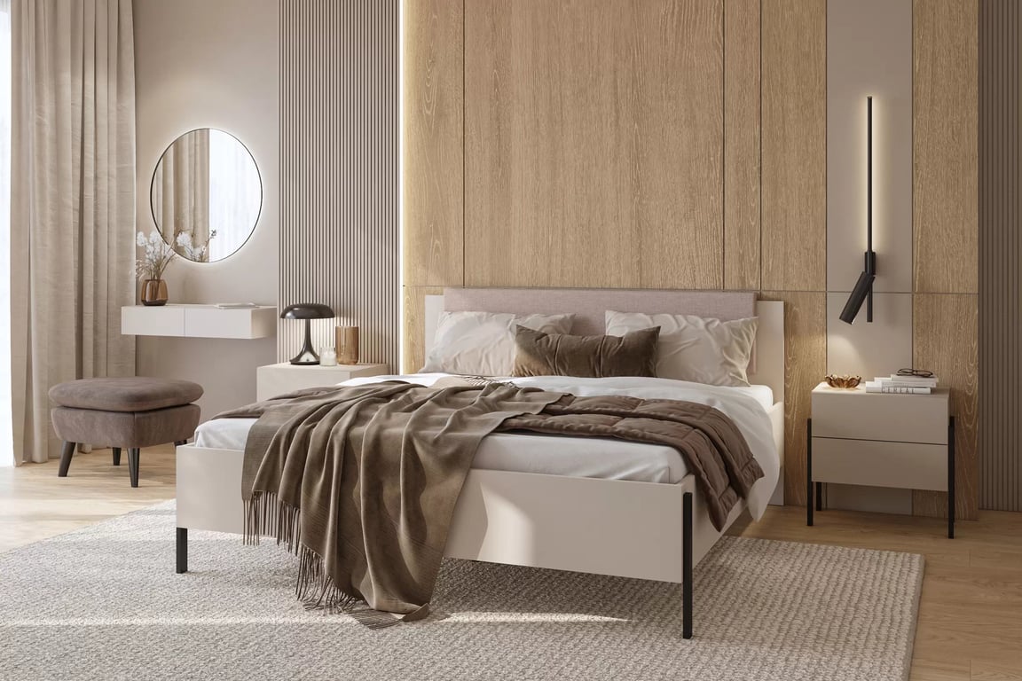 Sada nábytku do ložnice Jukon - postel 180x200 cm, noční stolky a toaletní stolek se zrcadlem - kašmír / černé nožky Komplet nábytku pro ložnice Jukon Postel 180x200 cm, Noční stolky i Toaletní stolek z zrcadlem - kašmír / černé nožičky