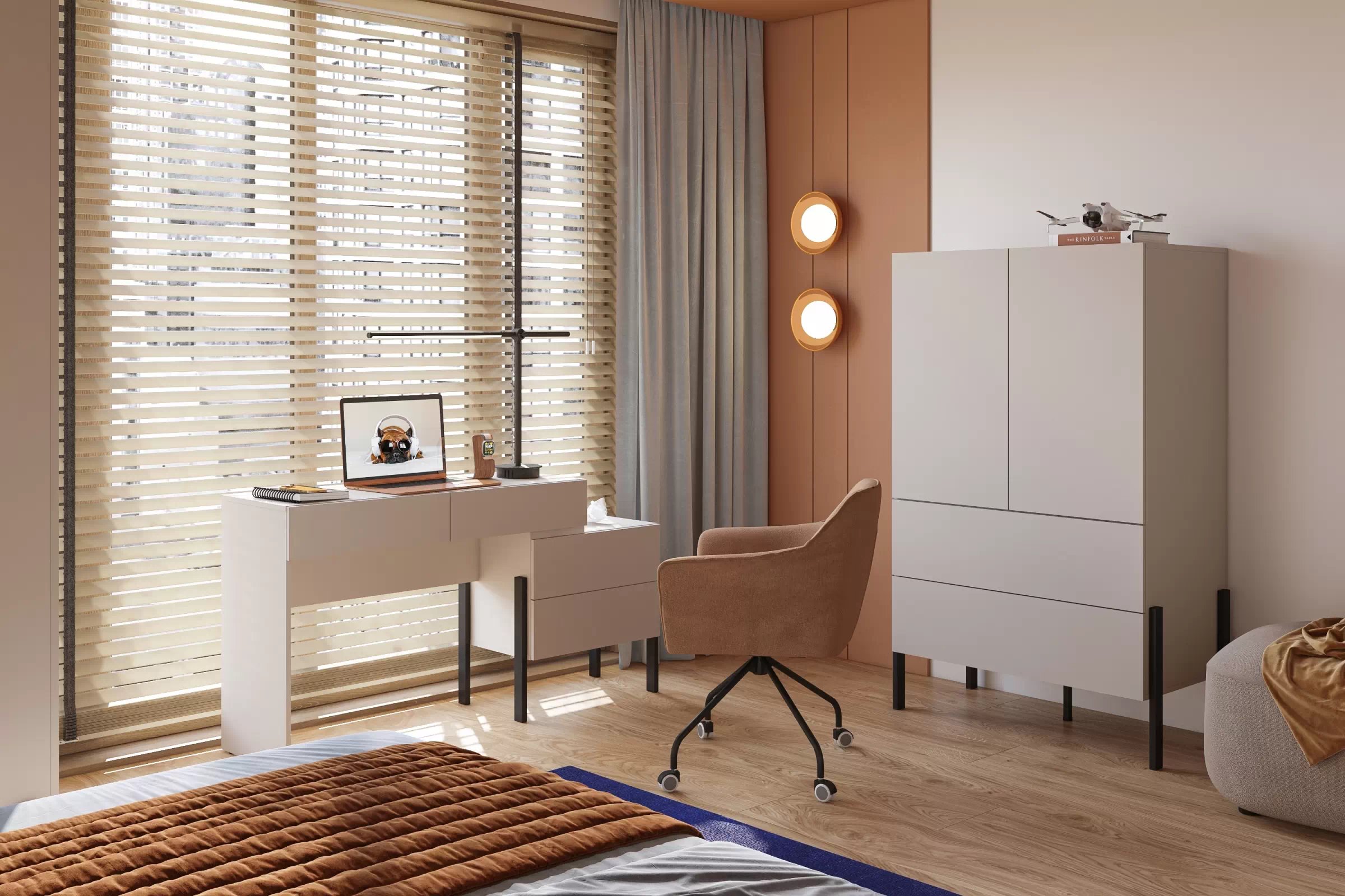 Zostava Jukon do spálne - komoda + stolík - kašmírová / čierna Komplet nábytku do  spálňa  Jukon Toaletný stolík/Písací stôl oraz Komoda dvojdverová - kašmír / čierny nožičky 