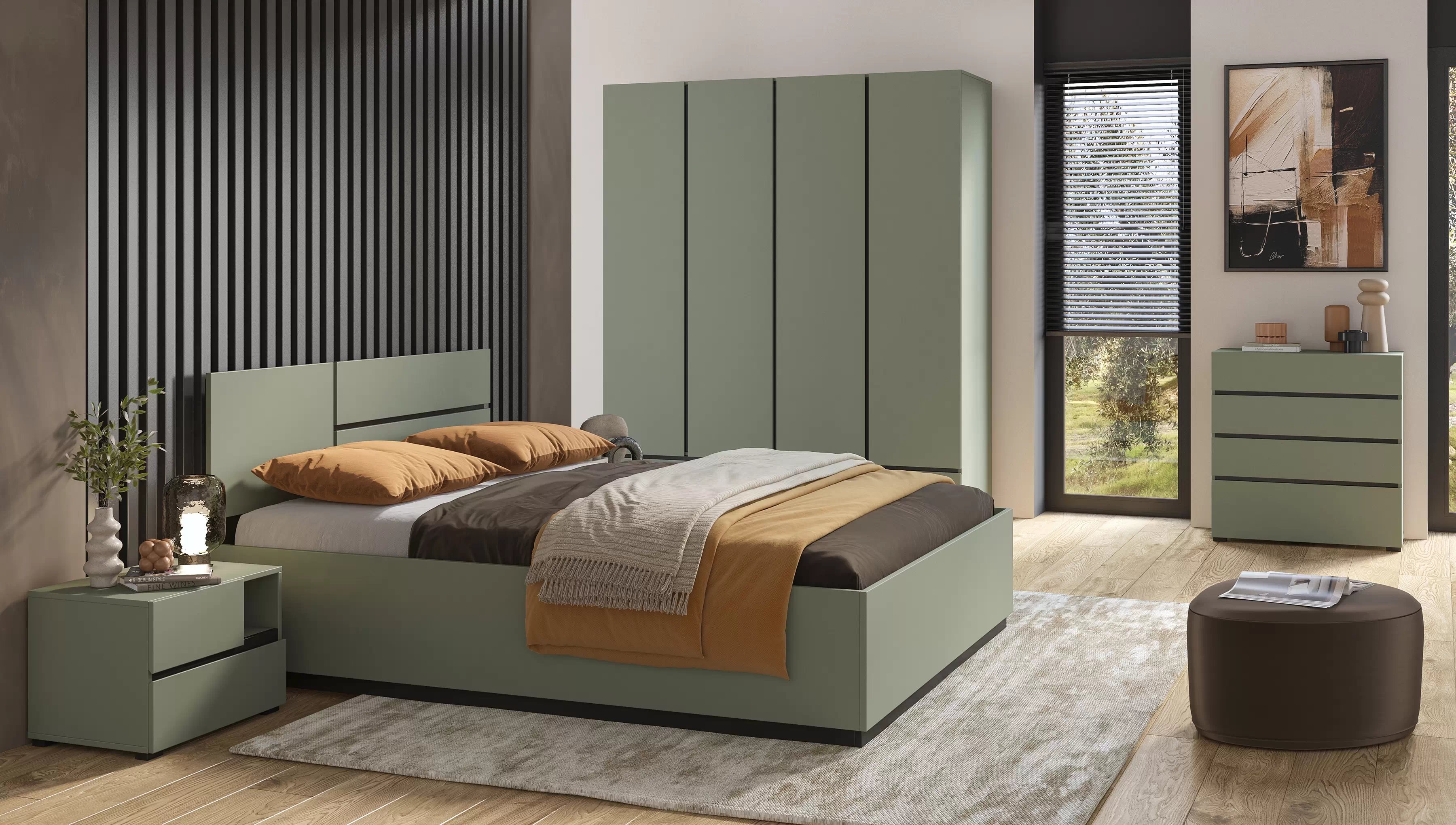 Spálňová zostava Cross 160x200 cm - tlmená zelená / čierna Komplet nábytku do  spálňa  z lozkiem 160x200 cm - zgaszona zelená / zgaszona zelená - Čierny