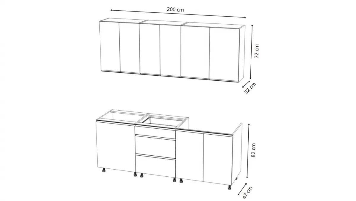 Kuchyňská sestava Aspen 200 cm – šedý lesk Komplet nábytku kuchennych Aspen 200cm - šedý lesk