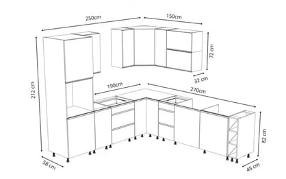 Set mobilă bucătărie Aspen 250x270 cm – gri lucios Complet mobilier kuchennych Aspen 250x270cm - gri lucios
