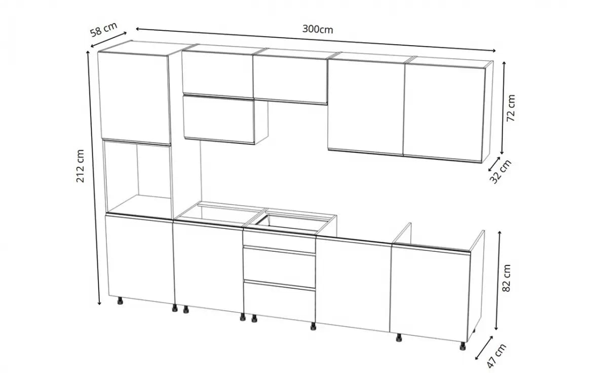 Kuchyňská sestava Aspen 300 cm – šedý lesk Komplet nábytku kuchennych Aspen 300cm - šedý lesk