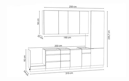 Kuchynská zostava Campari 310 cm – karamelový dub Komplet nábytku kuchynského Campari 310cm - Dub karmel / Čierny