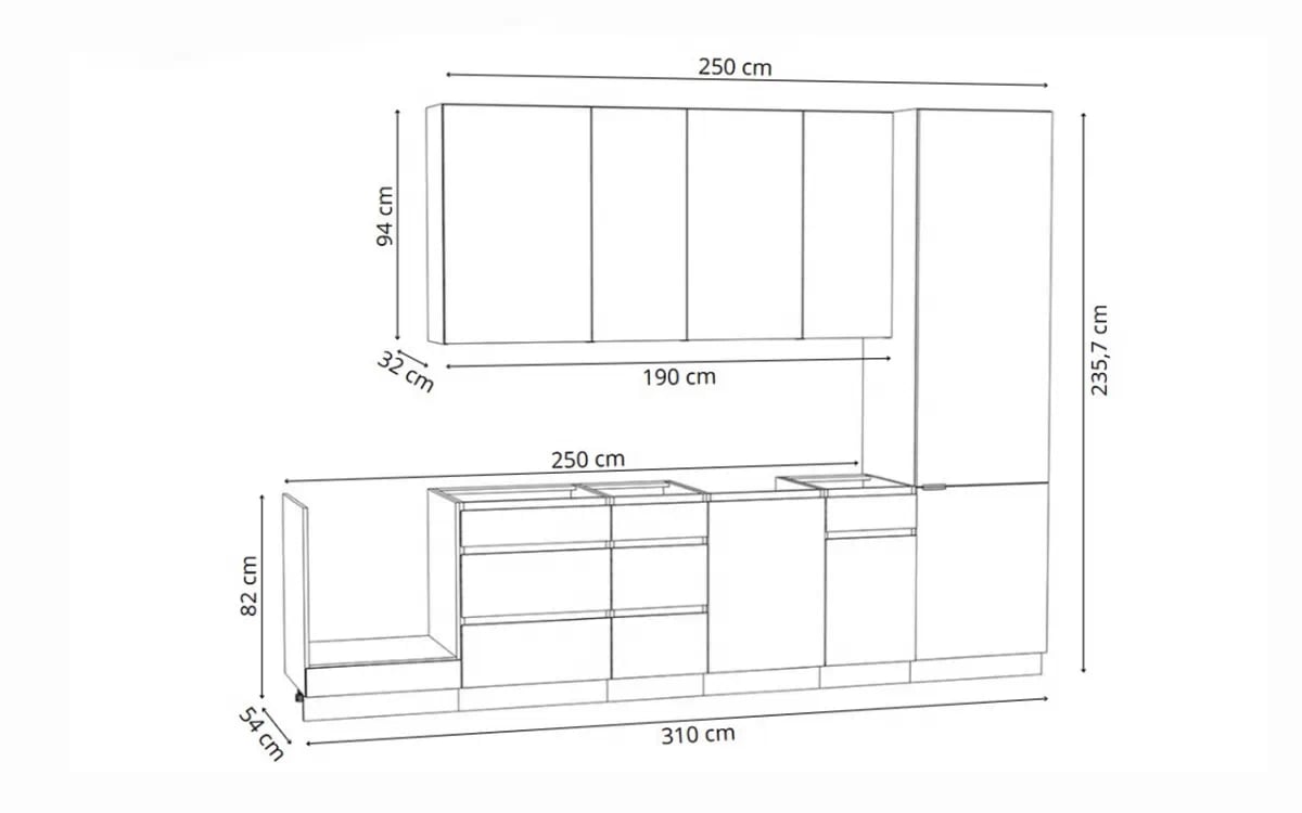 Kuchynská zostava Campari 310 cm – karamelový dub Komplet nábytku kuchynského Campari 310cm - Dub karmel / Čierny