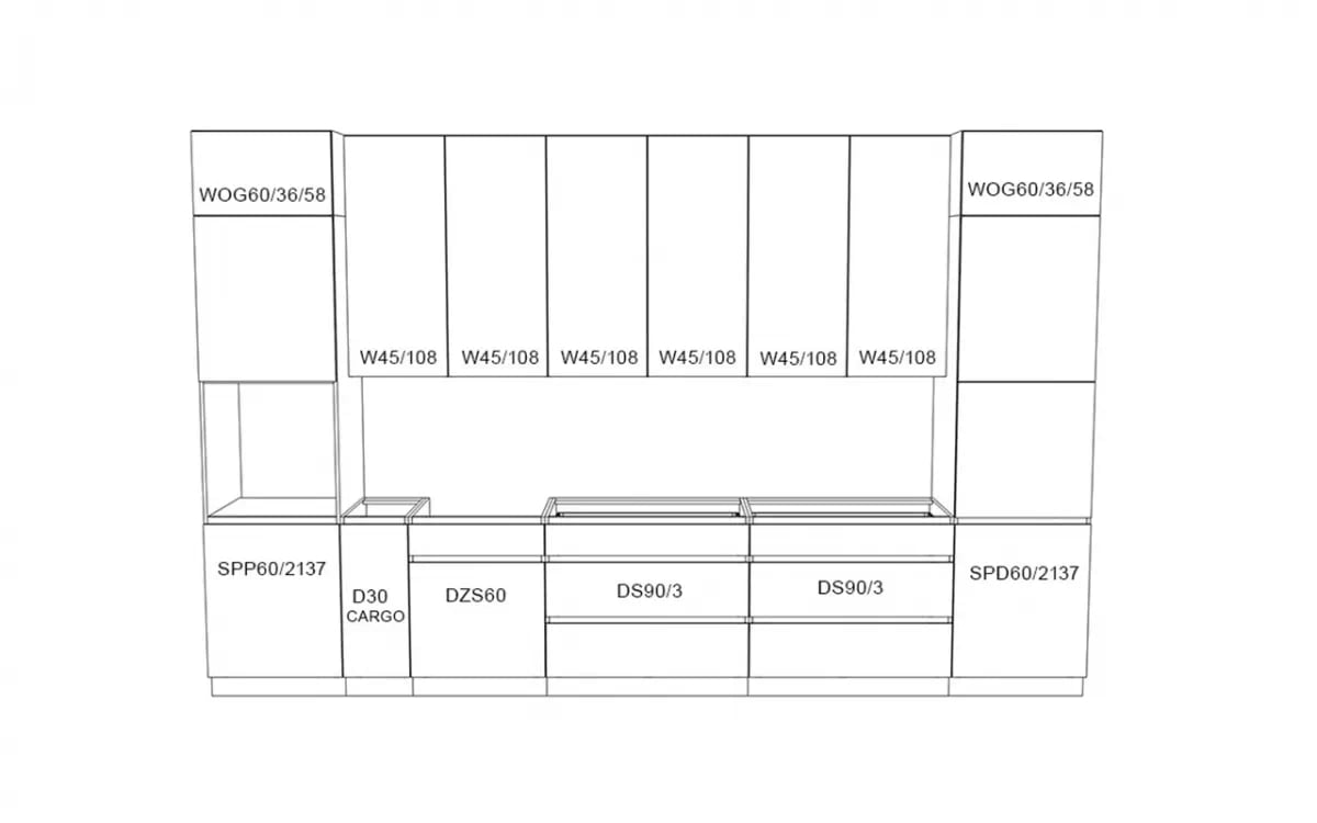 Kuchyňská sestava Campari 360 cm – šedý mat Komplet nábytku kuchennych Campari 390cm - hikora přírodní / bílý lesk
