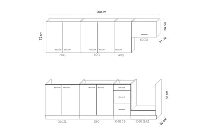 Kuchyňa Emirel - Zostava 2,6 m - Kuchynská linka Komplet nábytku kuchynského Emirel 260cm - Čierny mat / Dub artisan