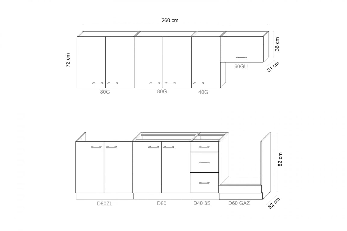 Kuchyňa Emirel - Zostava 2,6 m - Kuchynská linka Komplet nábytku kuchynského Emirel 260cm - Čierny mat / Dub artisan