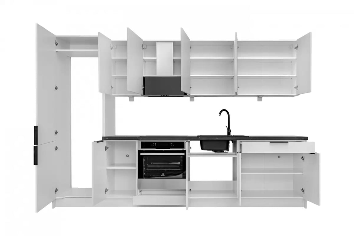 Kuchyňská linka Ilandia 300 cm s černou digestoří - kašmír mat / dub hikora Komplet nábytku kuchennych Ilandia 300cm z czarnym okapem w barevném odstínu kašmír mat / dub hikora