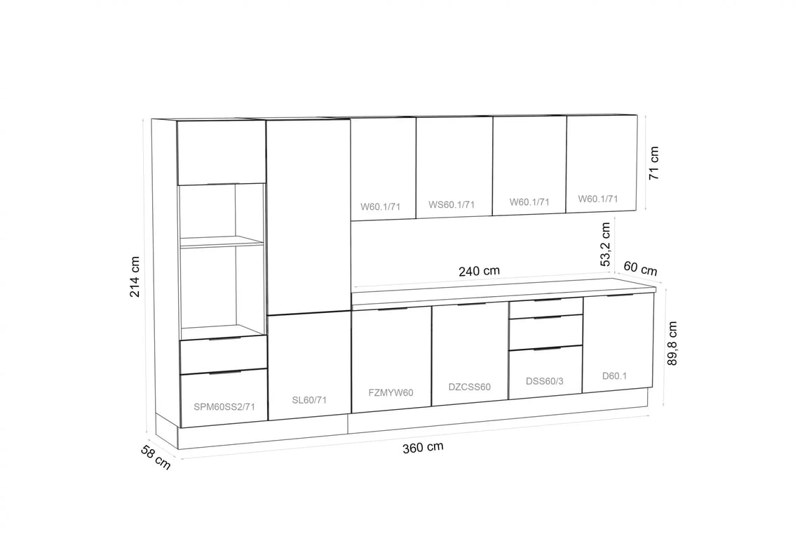 Kuchyňská sestava KAMMONO Komplet 11 - K2 BLACK Komplet nábytku kuchennych Kammono 360cm z wyspa - K2 dub hikora / P4 černá mat