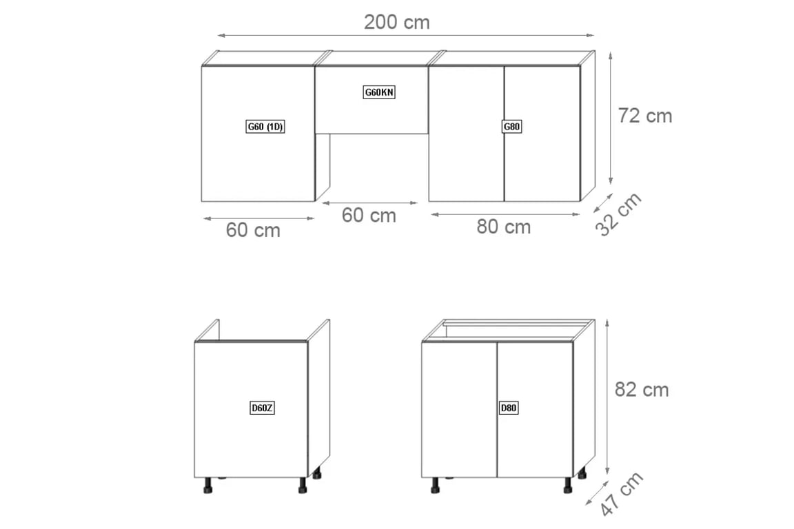 Kuchyňská sestava Langen 200 cm - dub artisan / šedá Komplet nábytku kuchennych Langen 200cm - dub artisan / grey