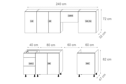 Kuchyňská sestava Langen 240 cm - dub artisan / šedá Komplet nábytku kuchennych Langen 240cm - dub artisan / grey mat