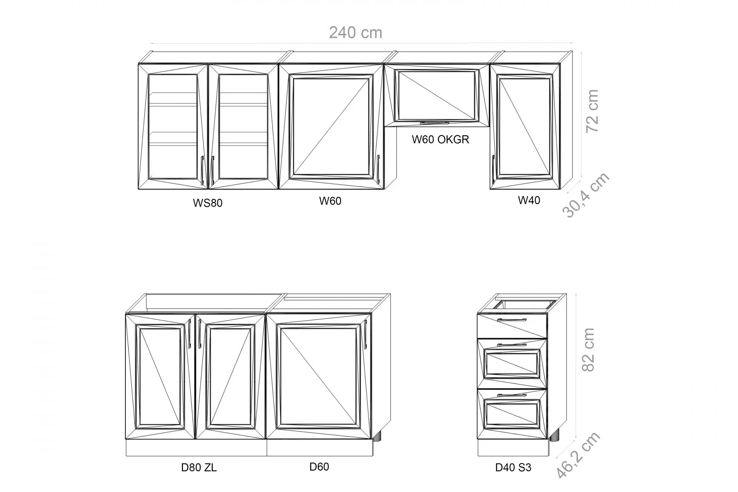 Kuchyňská linka Natalia 240 cm - světle šedý mat Komplet nábytku kuchennych Natalia 240cm - šedá mat