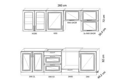 Komplet nábytku kuchynského Natalia 260cm z DK60 - biely lesk Komplet nábytku kuchynského Natalia 260cm z DK60 - biely lesk