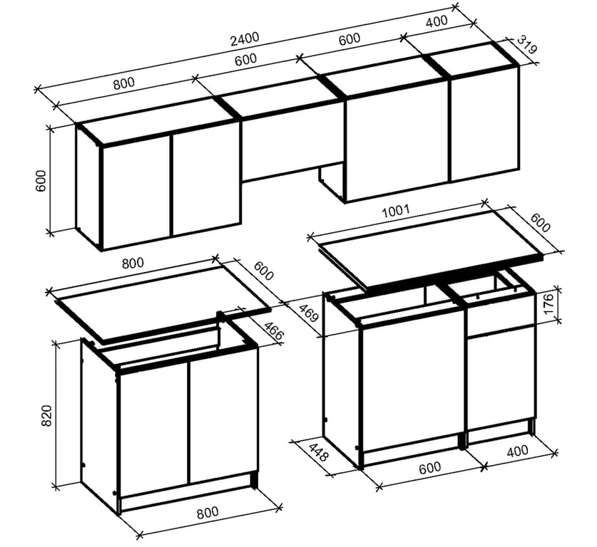 Kuchyňská linka Tamara 240 cm - carbon wood / popelavý mramor / černá Komplet nábytku kuchennych tamara 240 - carbon wood / Popelový mramor / Černý