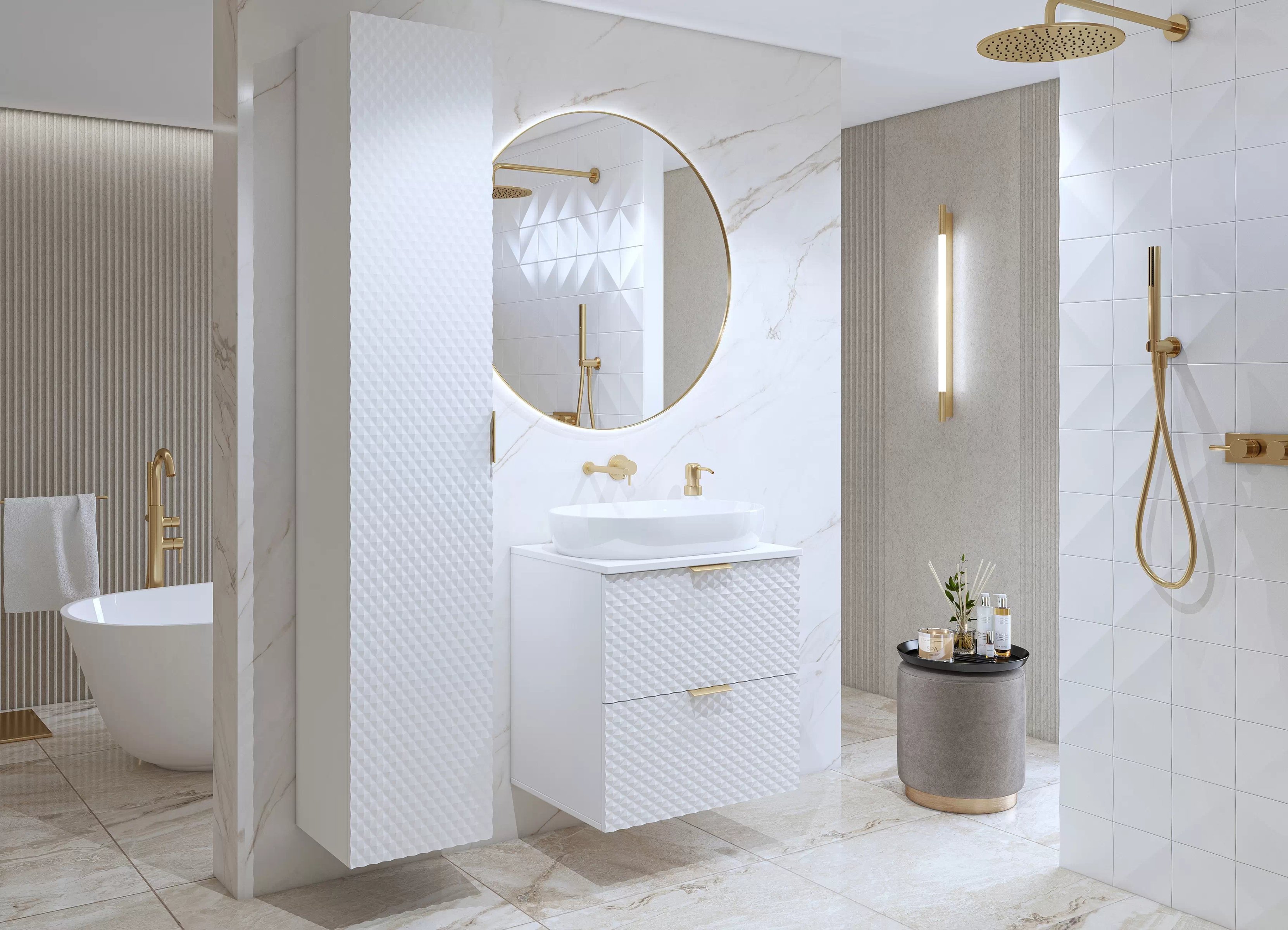 Kúpeľňový nábytok Laura I - biela / biely mat Komplet nábytku lazienkowych Laura I - biela / biela mat piramidki