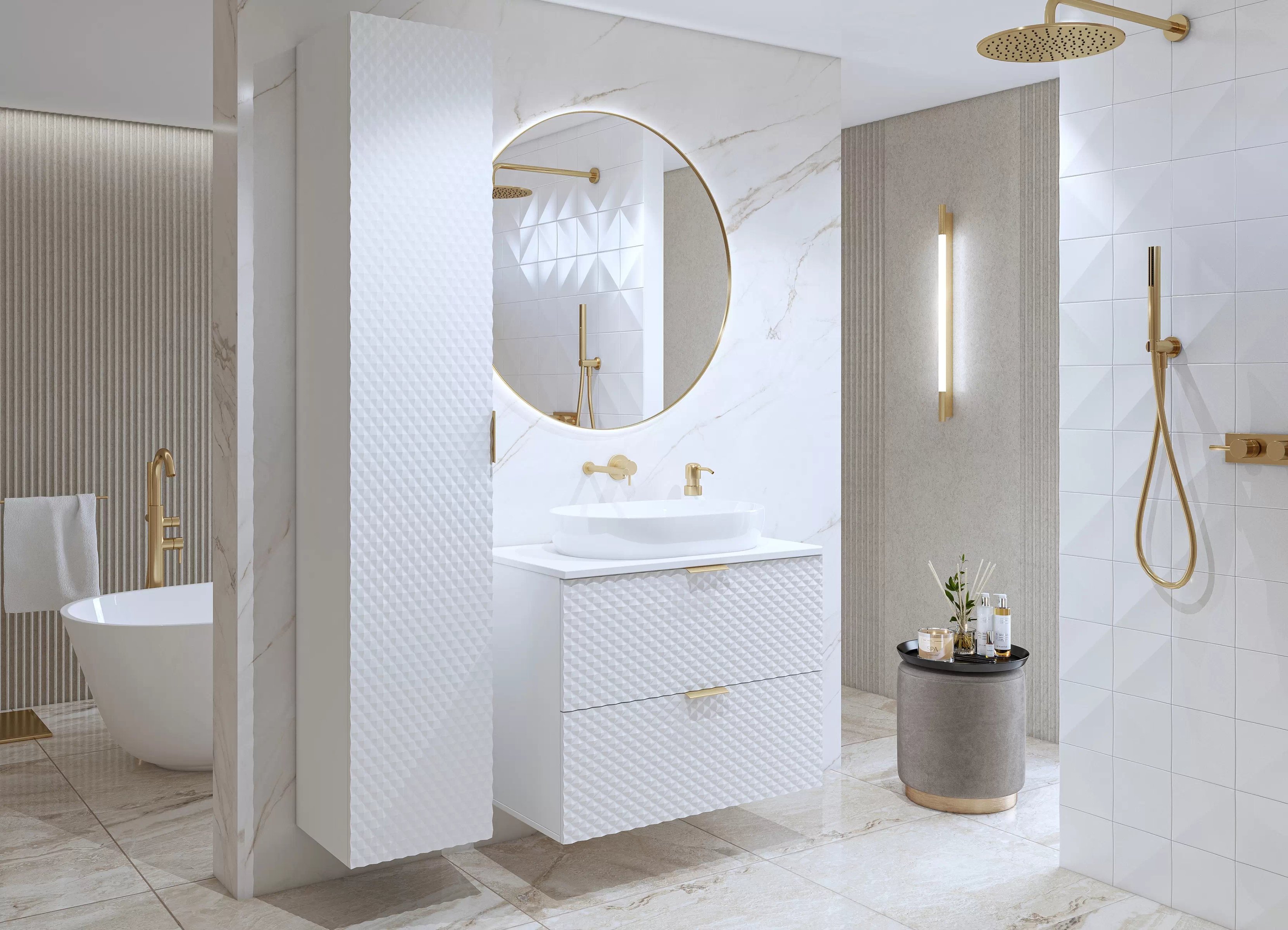 Kúpeľňový nábytok Laura II - biela / biely mat Komplet nábytku lazienkowych Laura II - biela / biela mat piramidki