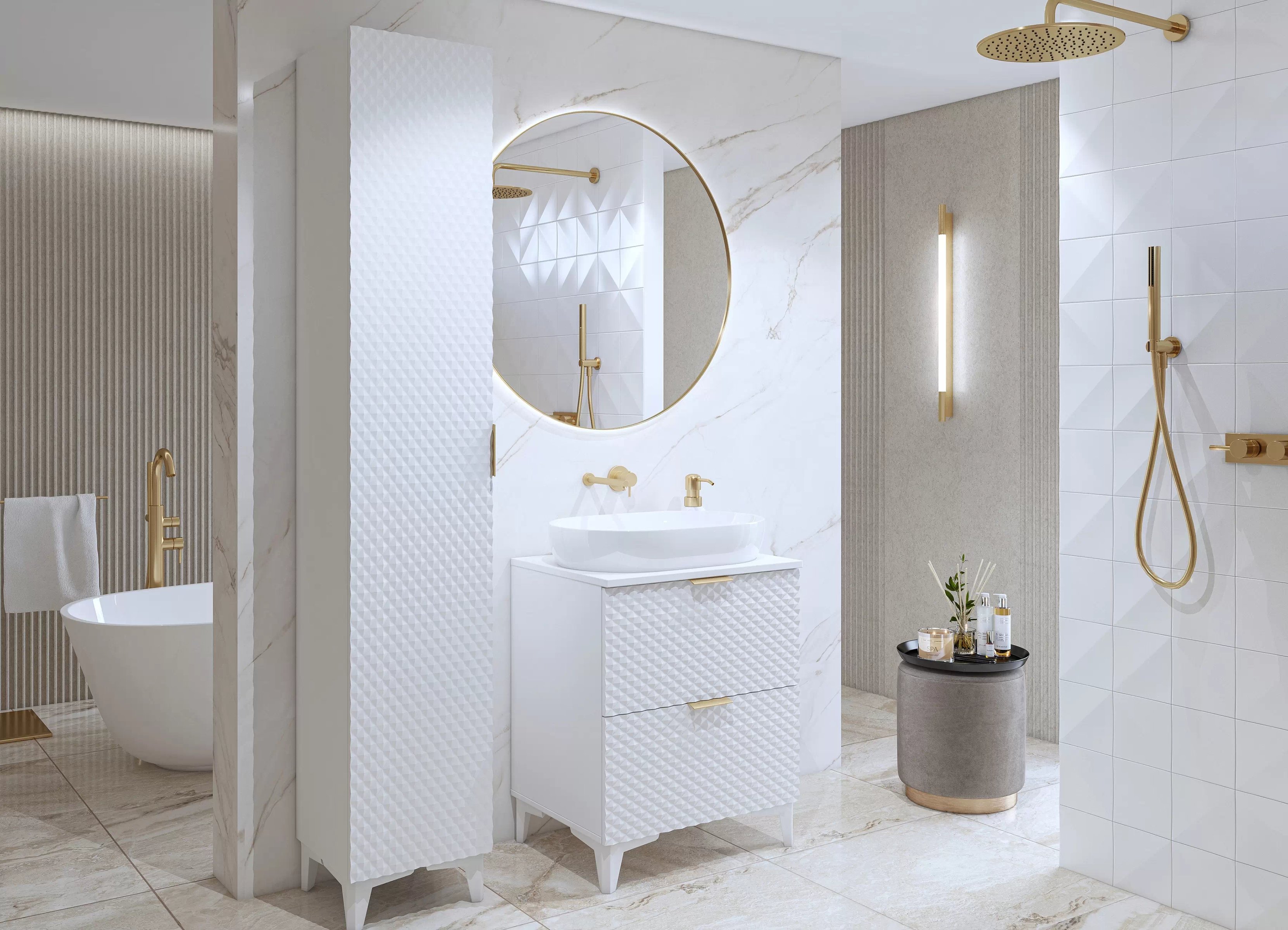 Kúpeľňový nábytok Laura III - biela / biely mat Komplet nábytku lazienkowych Laura III - biela / biela mat piramidki