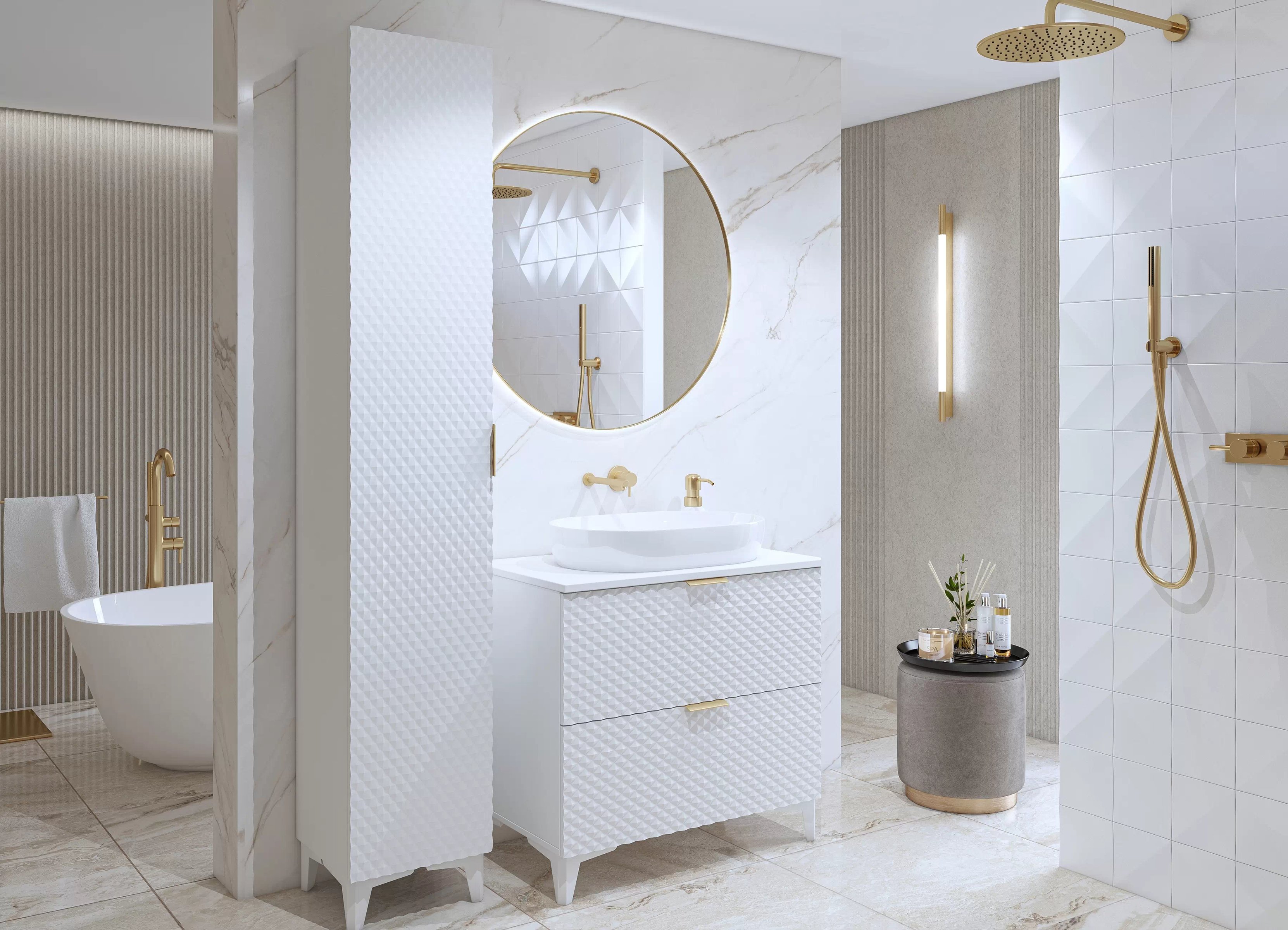 Kúpeľňový nábytok Laura IV - biela / biely mat Komplet nábytku lazienkowych Laura IV - biela / biela mat piramidki