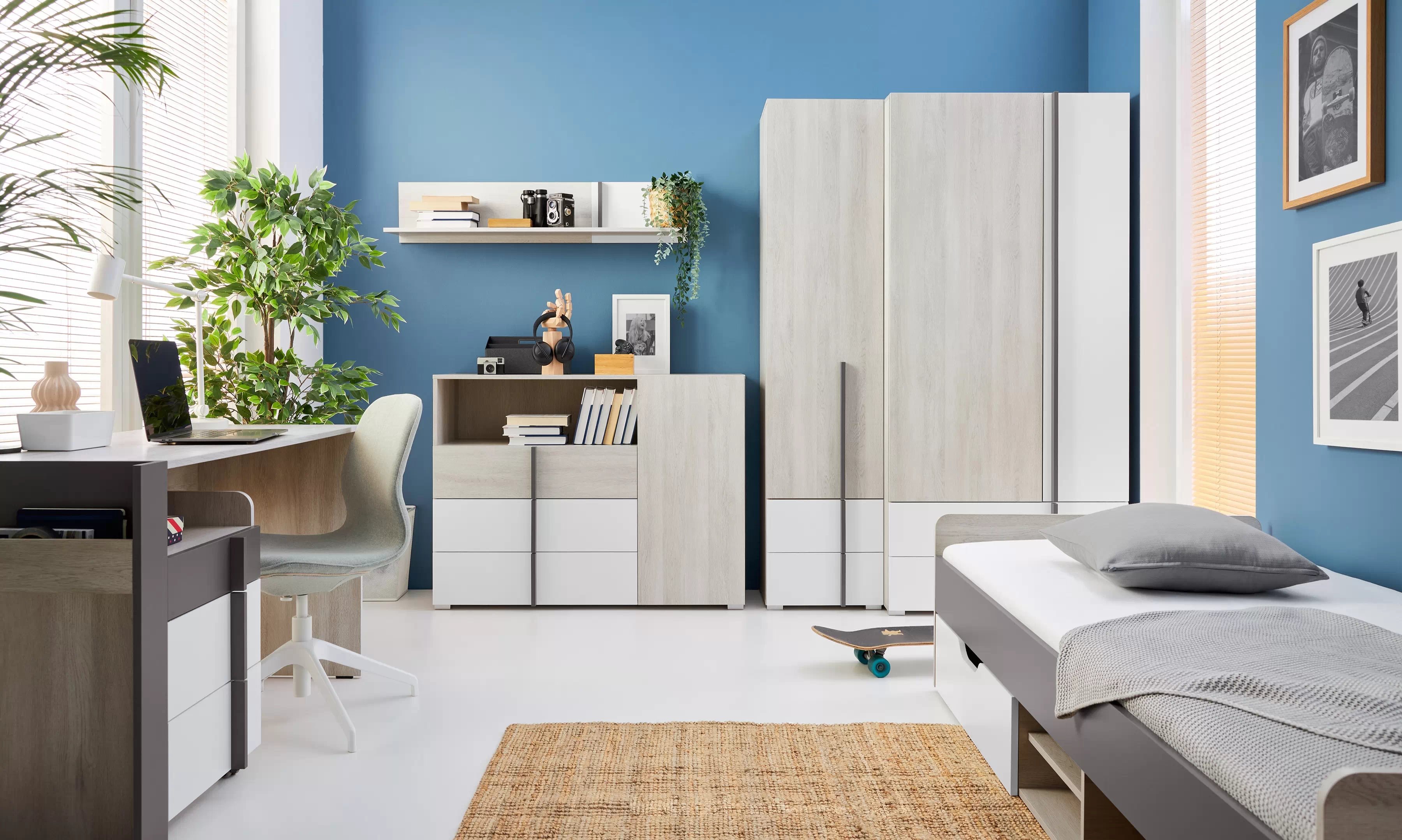 Študentská nábytková zostava Lumo III s posteľou 90x200 cm - dub wilton biely / biely lux / antracit Komplet nábytku mlodziezowych Lumo III z lozkiem 90x200 cm - Dub wilton biela / biela lux / Antracytová