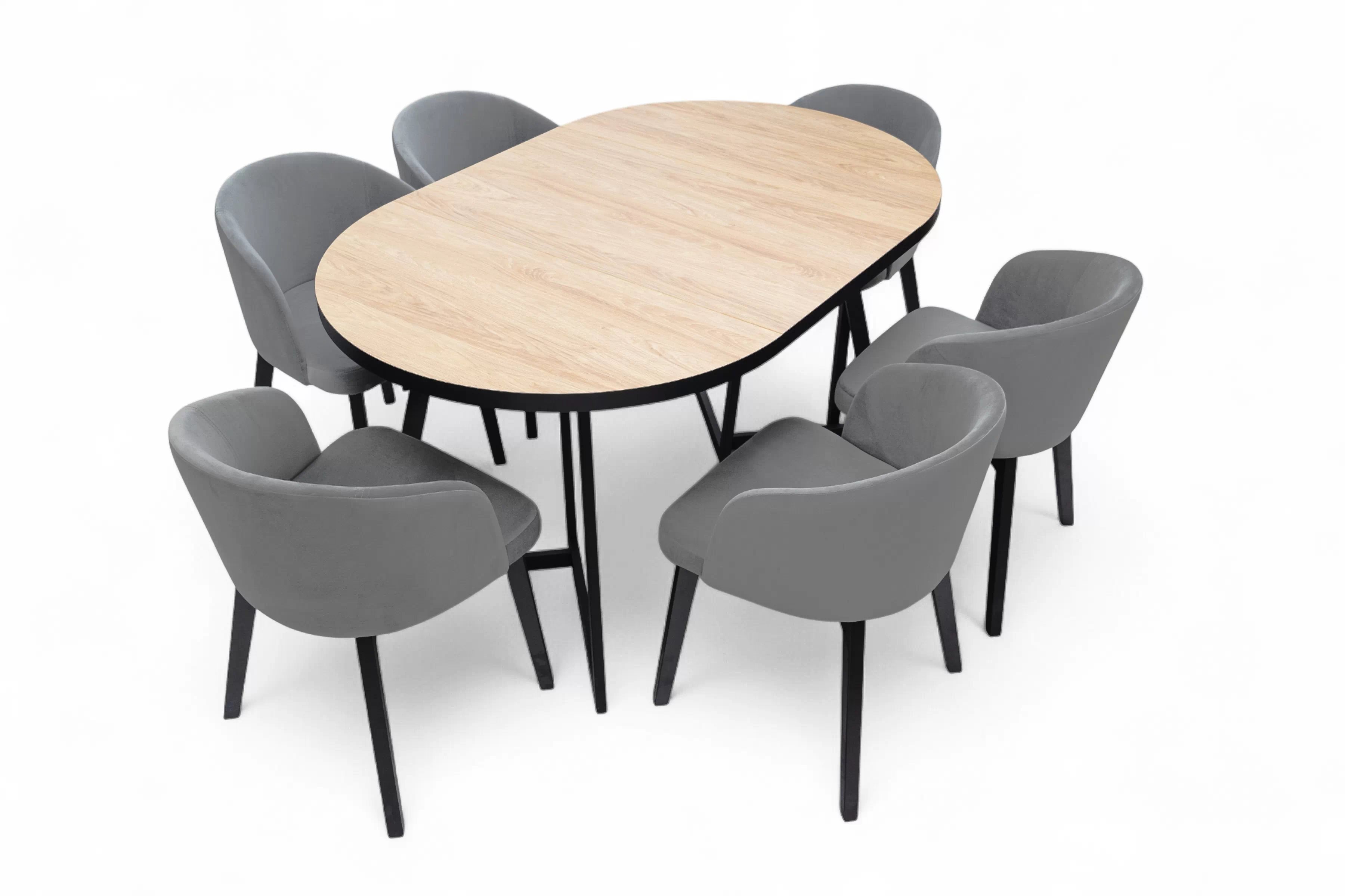 Rozkladací stôl Cedrus Linear 95/150 cm a 4 stoličky Nerevio - dub hickory / sivá Komplet Stôl rozkladany Cedrus Linear 95/150 cm + 4 Stoličky Nerevio - Dub hikora / šedý