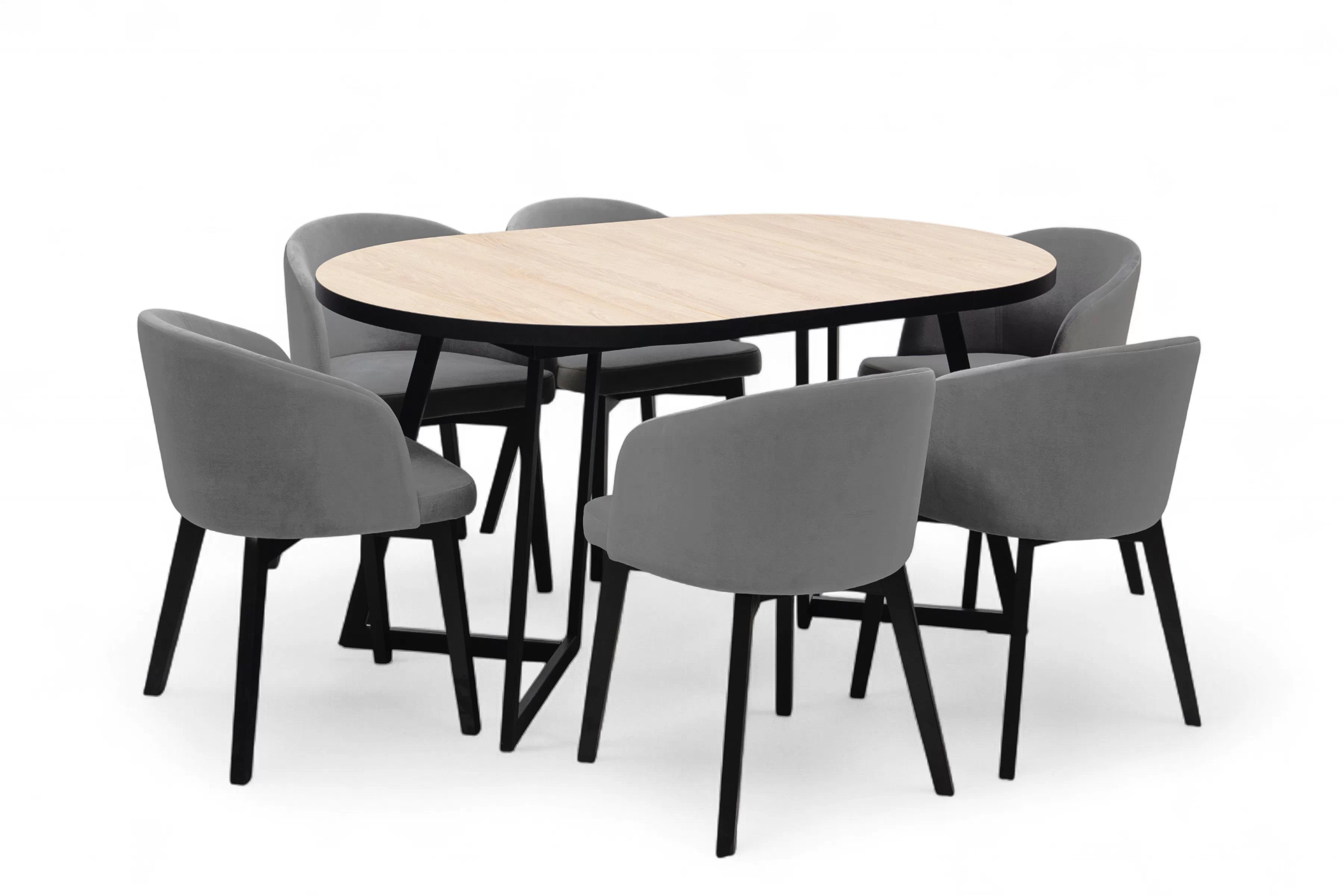 Rozkladací stôl Cedrus Linear 95/150 cm a 4 stoličky Nerevio - dub hickory / sivá Komplet Stôl rozkladany Cedrus Linear 95/150 cm + 4 Stoličky Nerevio - Dub hikora / šedý