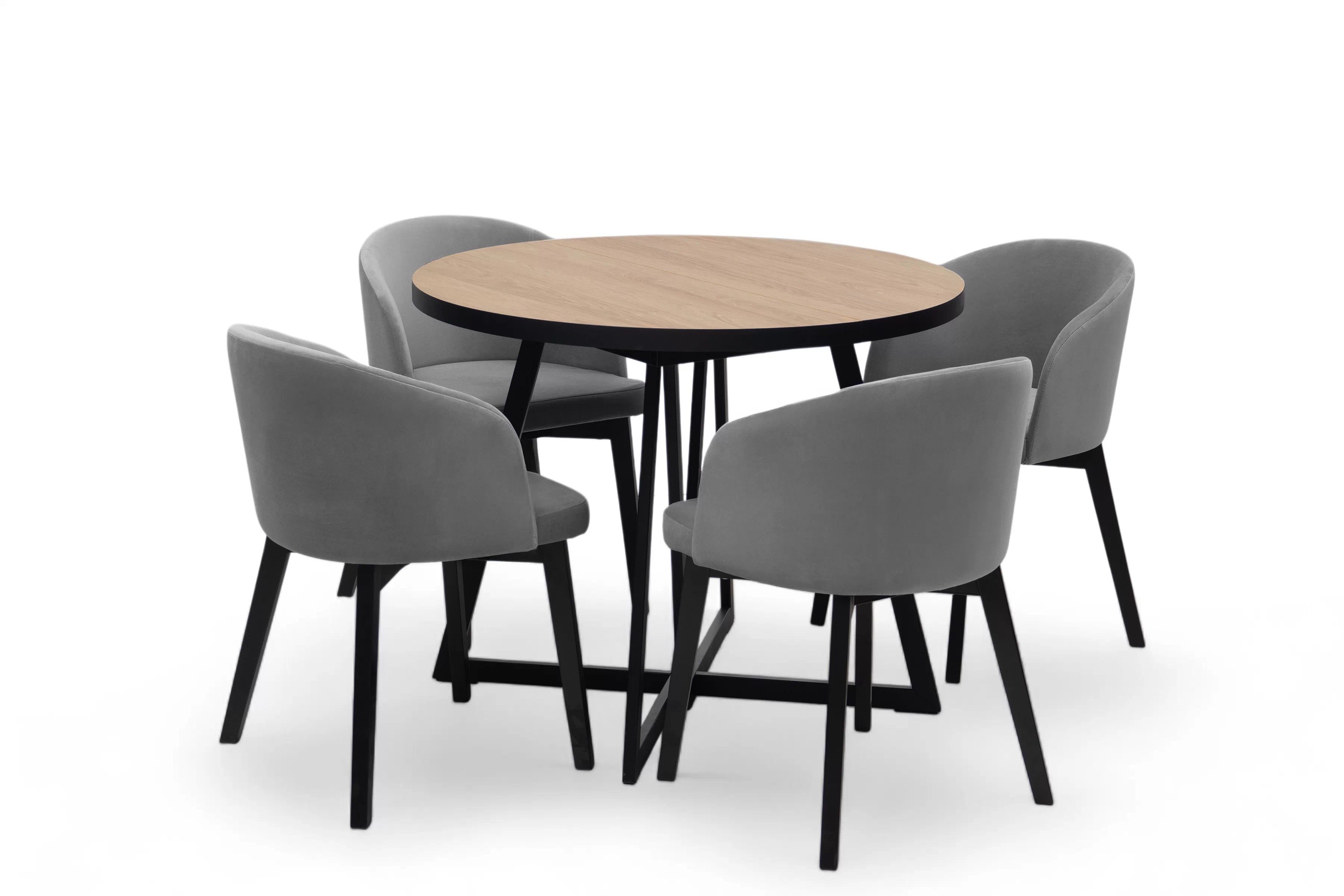 Rozkladací stôl Cedrus Linear 95/150 cm a 4 stoličky Nerevio - dub hickory / sivá Komplet Stôl rozkladany Cedrus Linear 95/150 cm + 4 Stoličky Nerevio - Dub hikora / šedý