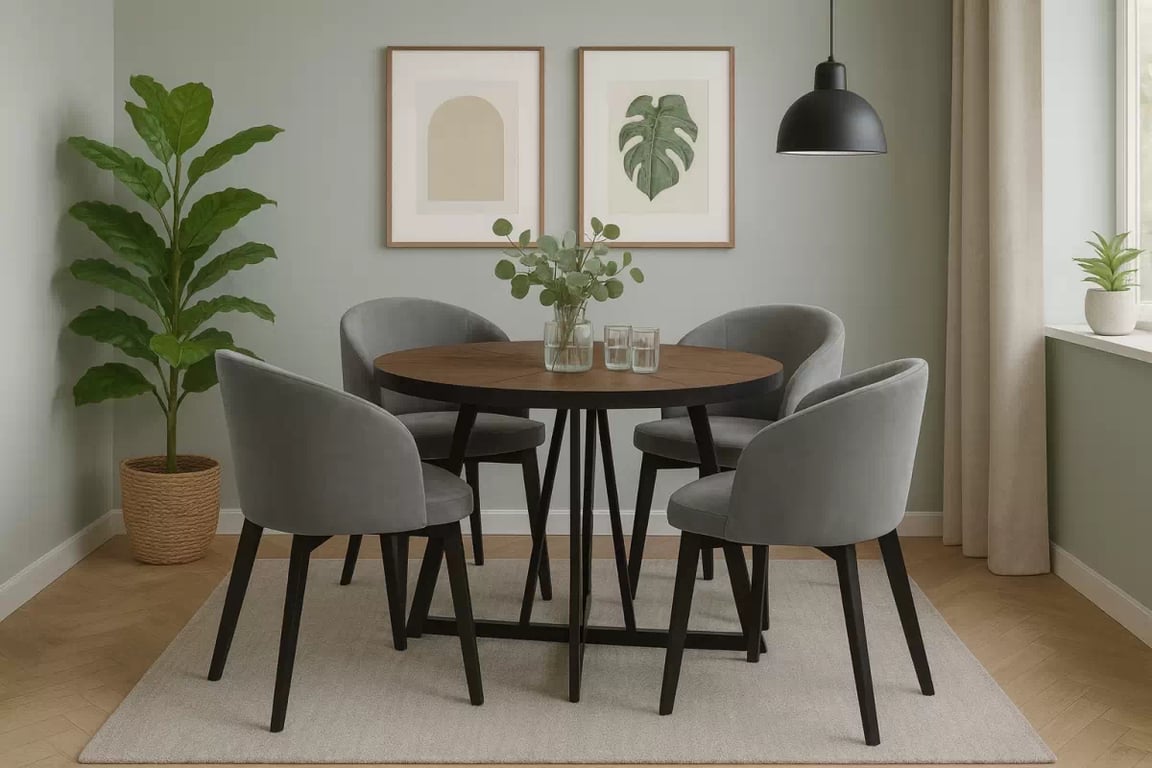 Jedálenský set Cedrus Rozeta 105/160 cm + 4 stoličky Nerevio - dub belmont čierny / sivá Komplet Stôl rozkladany Cedrus Rozeta 105/160 cm + 4 Stoličky Nerevio - Dub belmont Čierny / šedý
