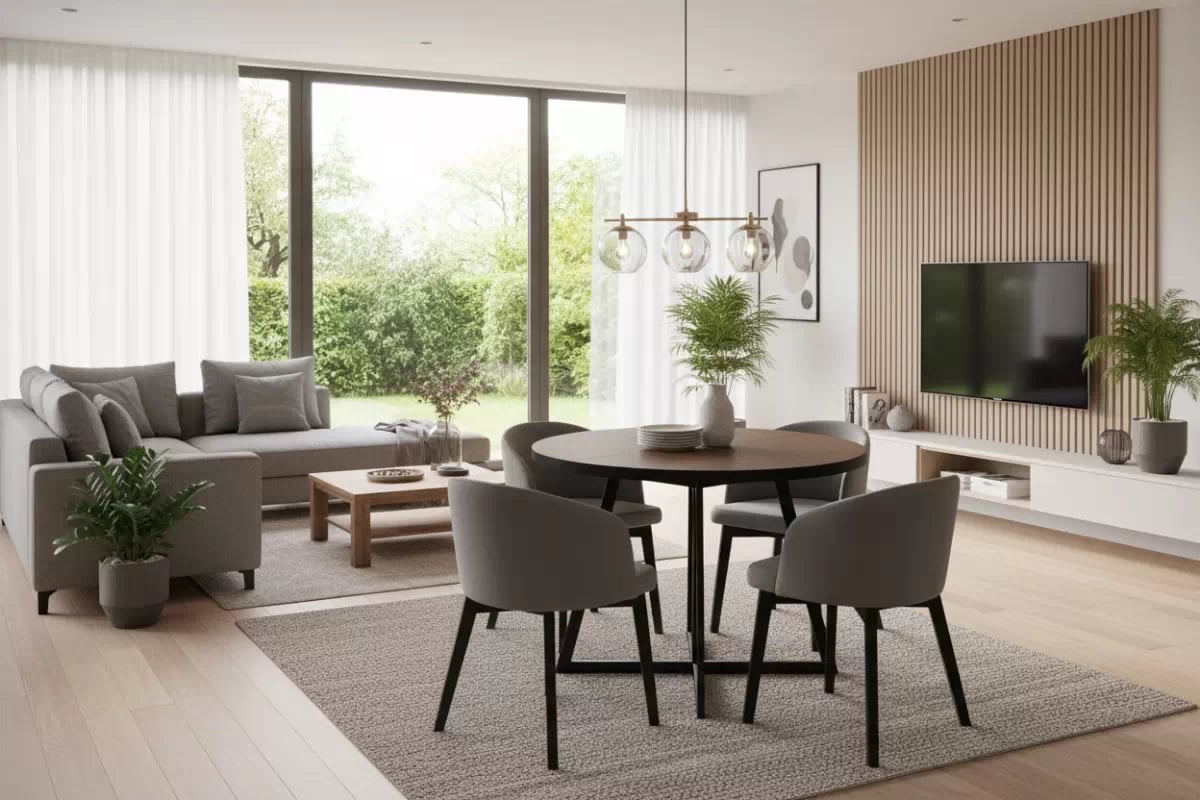 Rozkladací stôl Cedrus Rozeta 95/150 cm a 4 stoličky Nerevio - dub belmont čierny / sivý Komplet Stôl rozkladany Cedrus Rozeta 95/150 cm + 4 Stoličky Nerevio - Dub belmont Čierny / šedý