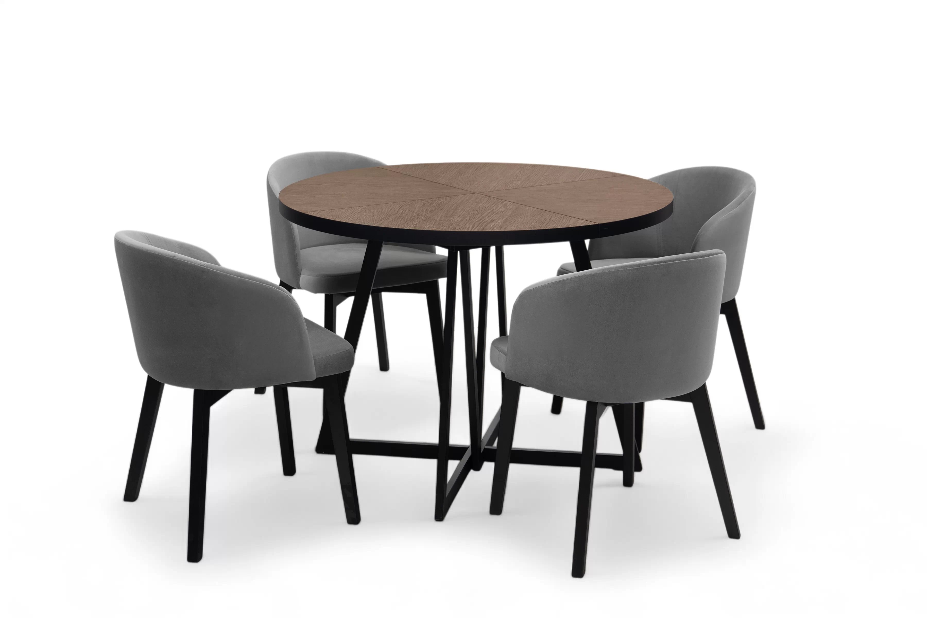 Rozkladací stôl Cedrus Rozeta 95/150 cm a 4 stoličky Nerevio - dub belmont čierny / sivý Komplet Stôl rozkladany Cedrus Rozeta 95/150 cm + 4 Stoličky Nerevio - Dub belmont Čierny / šedý