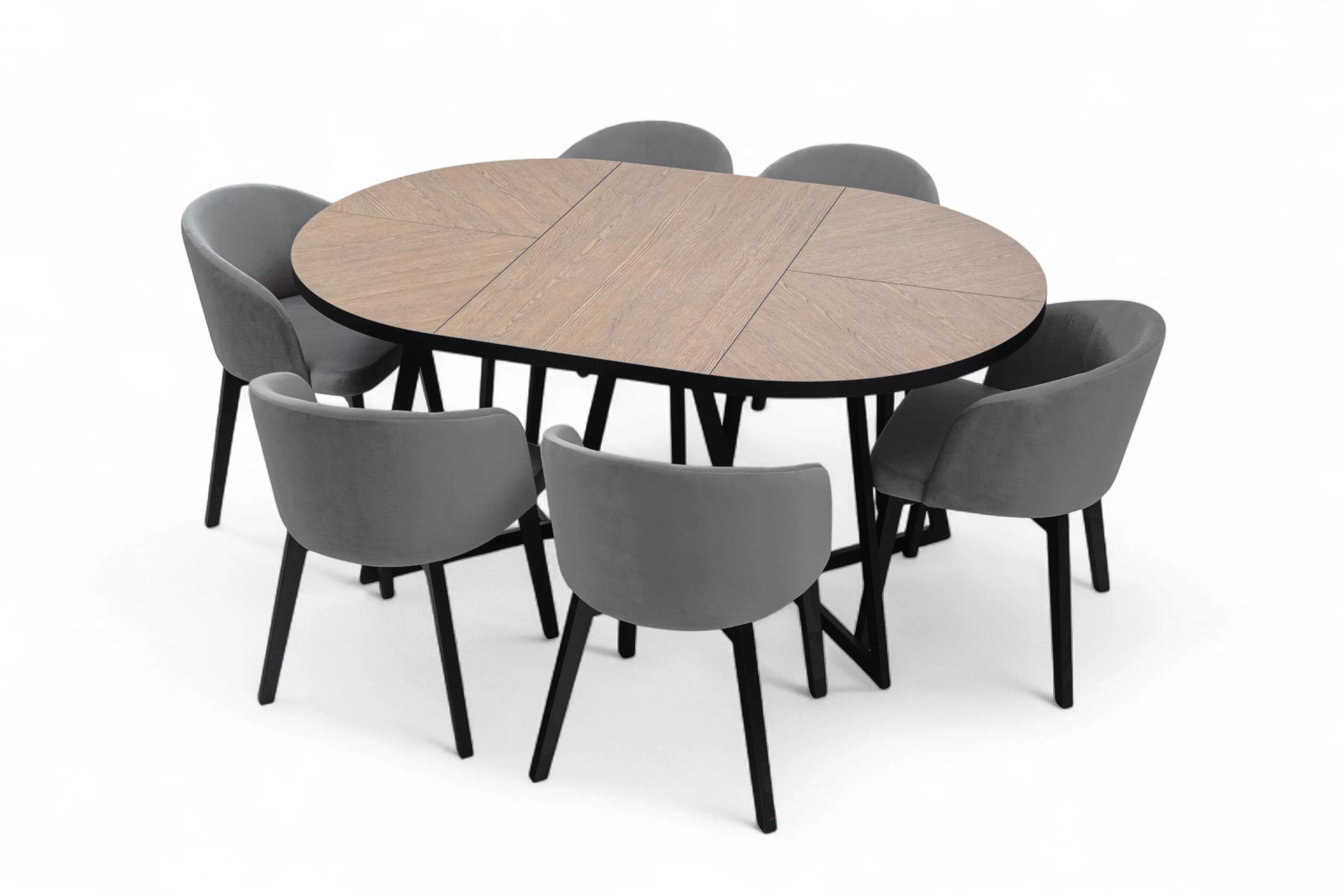 Rozkladací stôl Cedrus Rozeta 95/150 cm a 4 stoličky Nerevio - dub belmont čierny / sivý Komplet Stôl rozkladany Cedrus Rozeta 95/150 cm + 4 Stoličky Nerevio - Dub belmont Čierny / šedý