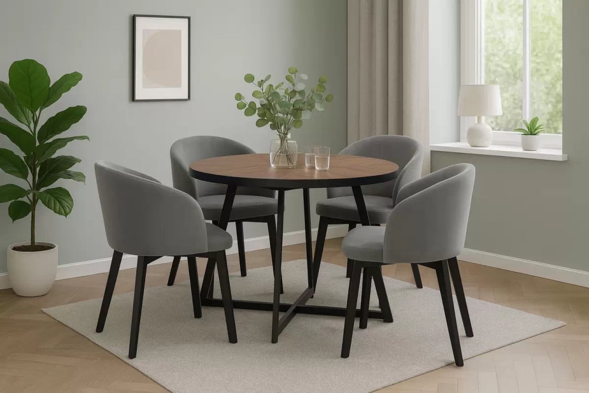 Jedálenský set Cedrus Rozeta 95/150 cm + 4 stoličky Nerevio - dub estana čierny / sivá Komplet Stôl rozkladany Cedrus Rozeta 95/150 cm + 4 Stoličky Nerevio - Dub estana Čierny / šedý