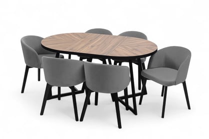 Jedálenský set Cedrus Rozeta 95/150 cm + 4 stoličky Nerevio - dub estana čierny / sivá Komplet Stôl rozkladany Cedrus Rozeta 95/150 cm + 6 krzesl Nerevio - Dub estana Čierny / šedý