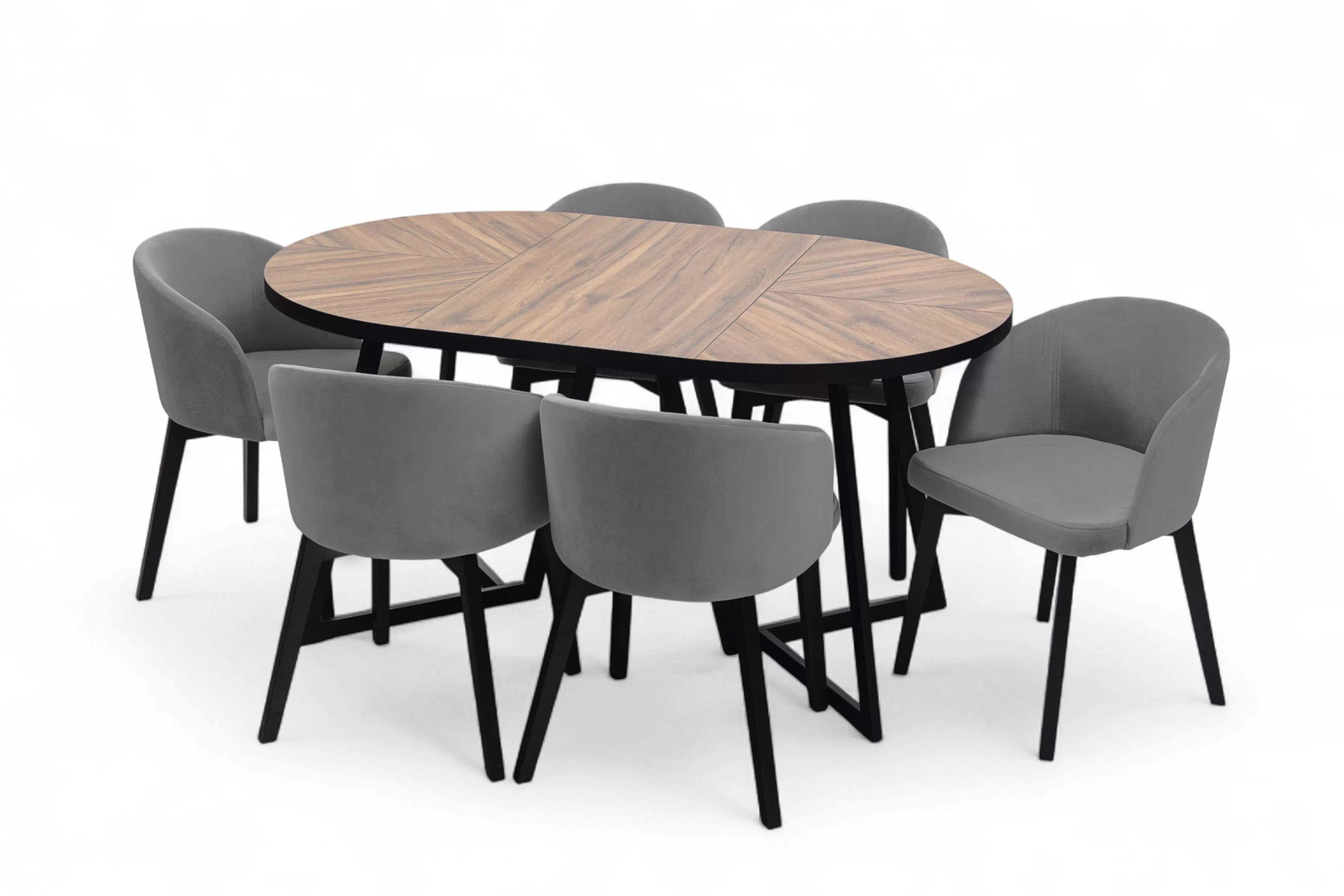 Rozkladací stôl Cedrus Rozeta 95/150 cm a 4 stoličky Nerevio - dub estana čierny / sivý Komplet Stôl rozkladany Cedrus Rozeta 95/150 cm + 6 krzesl Nerevio - Dub estana Čierny / šedý