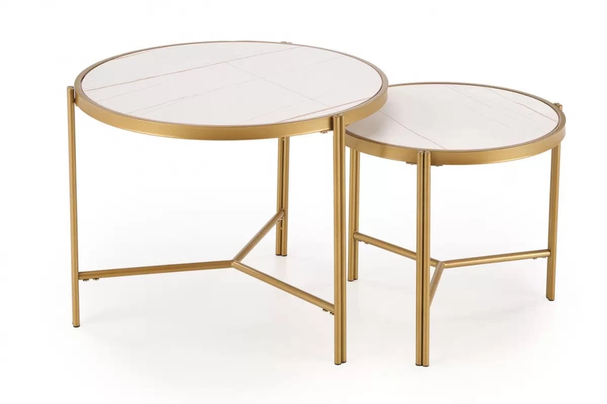 Sada konferenčních stolků Fatima - bílý mramor / zlaté nohy Komplet stolekow kawowych Fatima - bílá mramor / zlaté Nohy