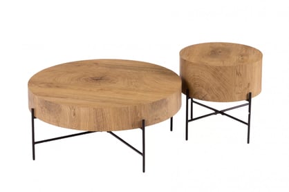 Sada okrúhlych konferenčných stolíkov Liviano 80 a 45 cm - prírodný dub / čierny