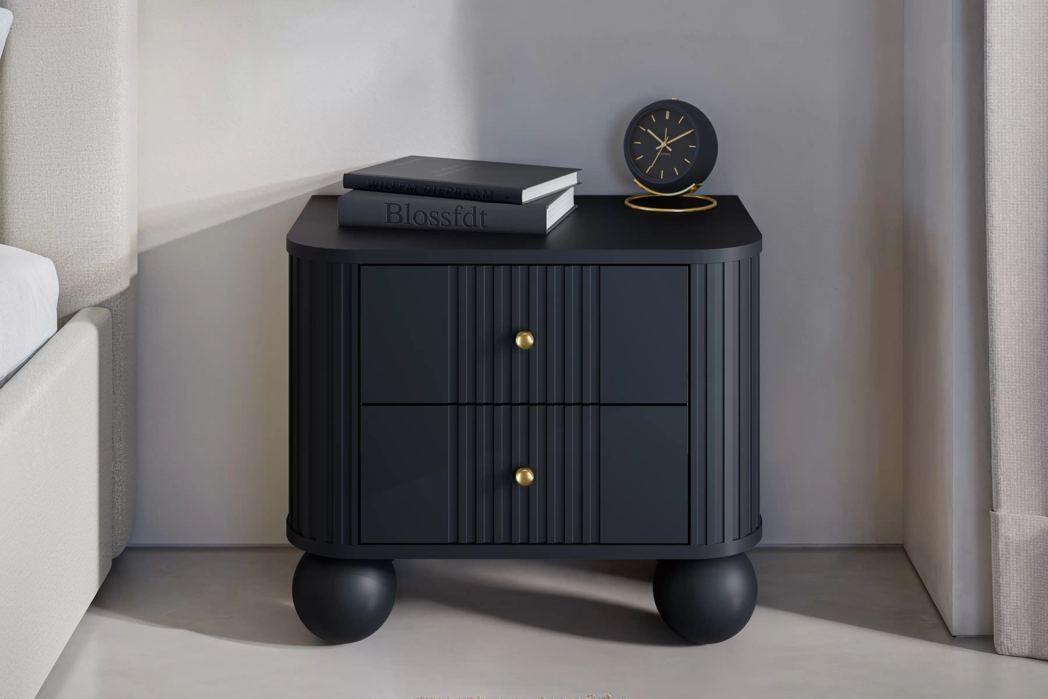 Nočné stolíky Vespera 56 cm - 2 ks - čierna / zlatá / čierne nohy Komplet szafek nocnych Vesper 56 cm - Čierny / zlote úchyty / nožičky kule