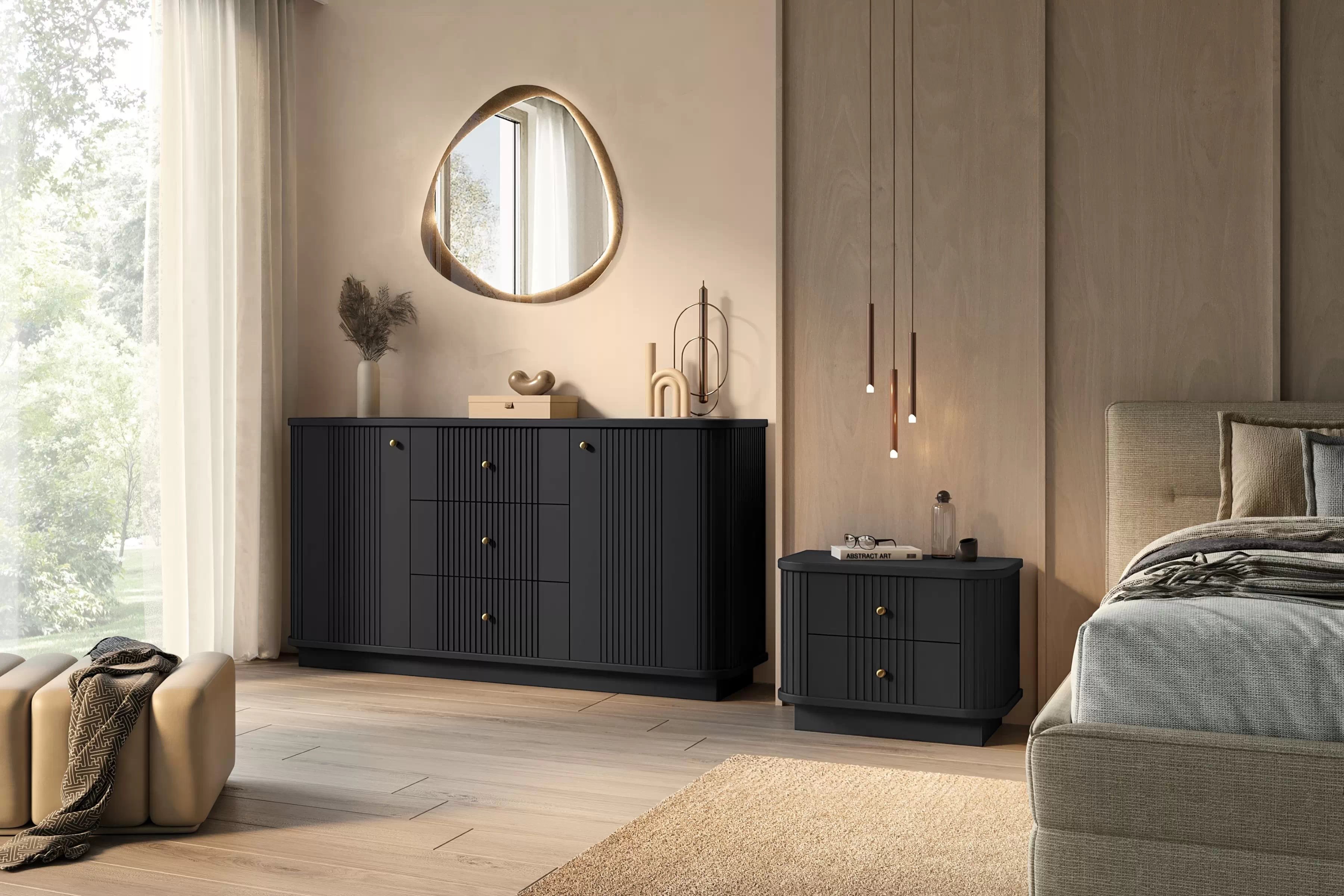 Sada nočných stolíkov Vespera 56 cm na sokli - čierna / zlatá Komplet szafek nocnych Vesper 56 cm - Čierny / zlote úchyty