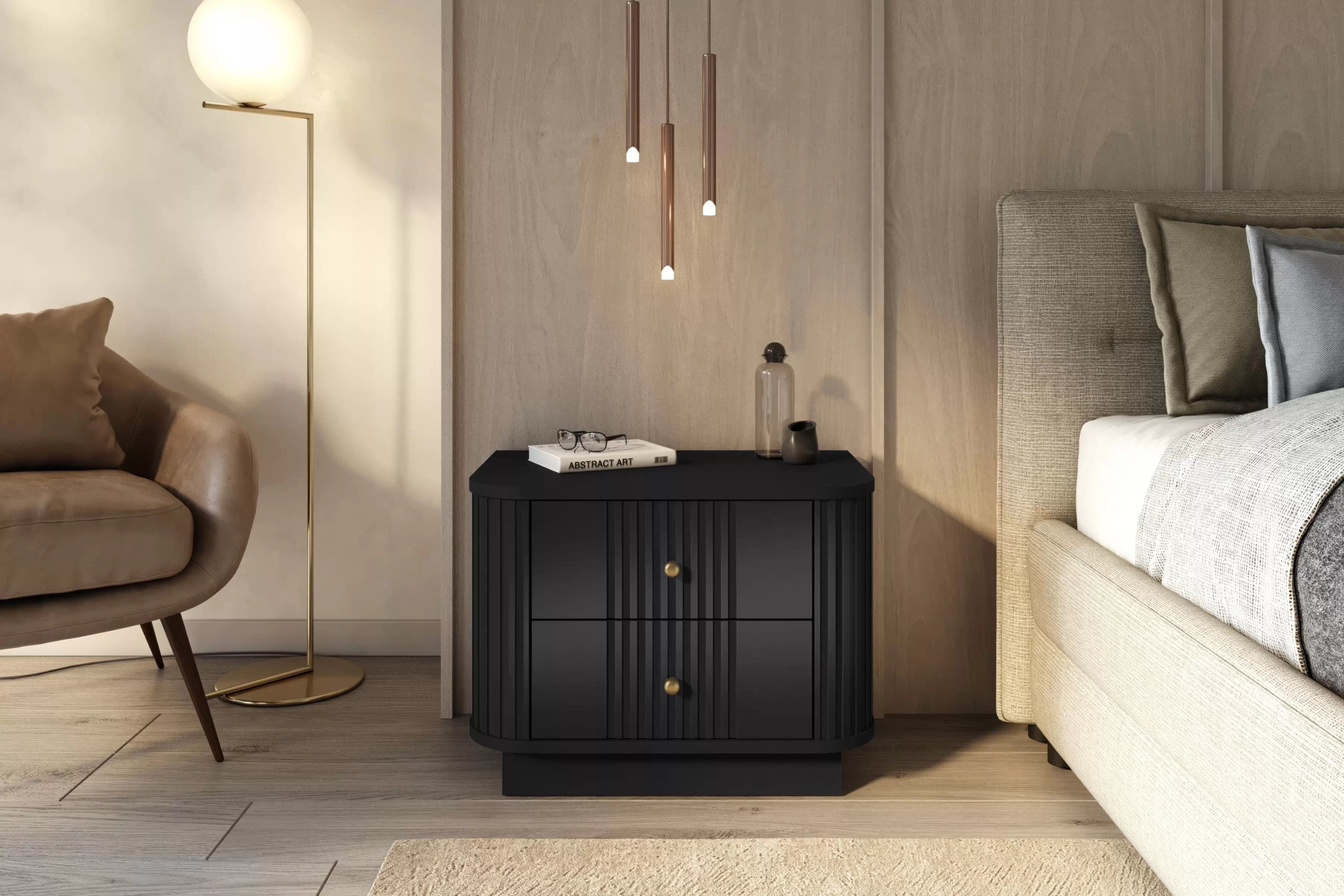 Sada nočných stolíkov Vespera 56 cm na sokli - čierna / zlatá Komplet szafek nocnych Vesper 56 cm - Čierny / zlote úchyty