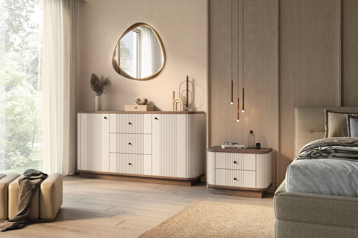 Komplet szafek nocnych Vesper 56 cm - kašmír / Orech / čierny úchyty Komplet szafek nocnych Vesper 56 cm - kašmír / Orech / čierny úchyty