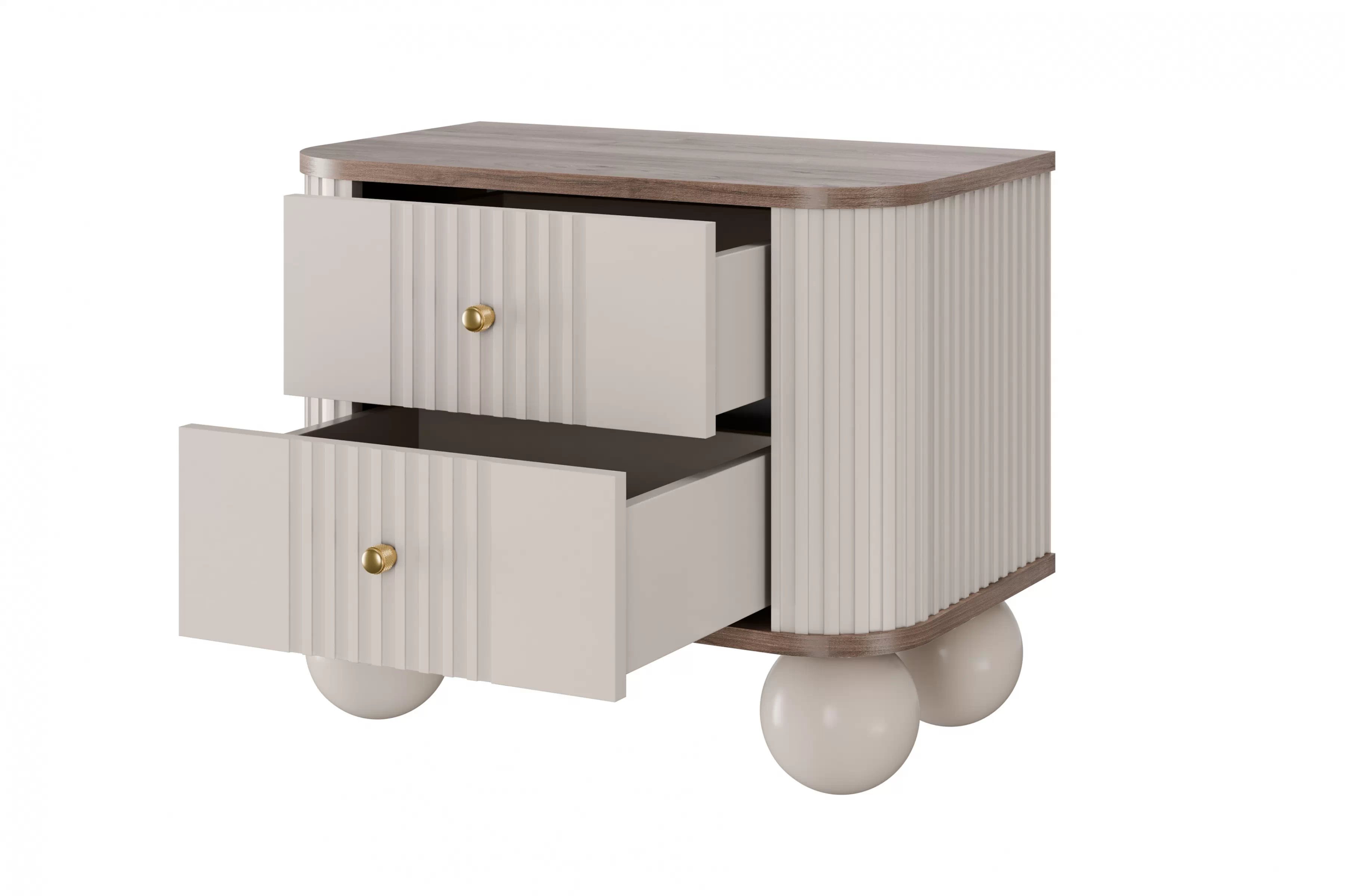 Nočné stolíky Vespera 56 cm - 2 ks - kašmírová / orech / zlatá / kašmírové nohy Komplet szafek nocnych Vesper 56 cm - kašmír / Orech / zlote úchyty / nožičky kule