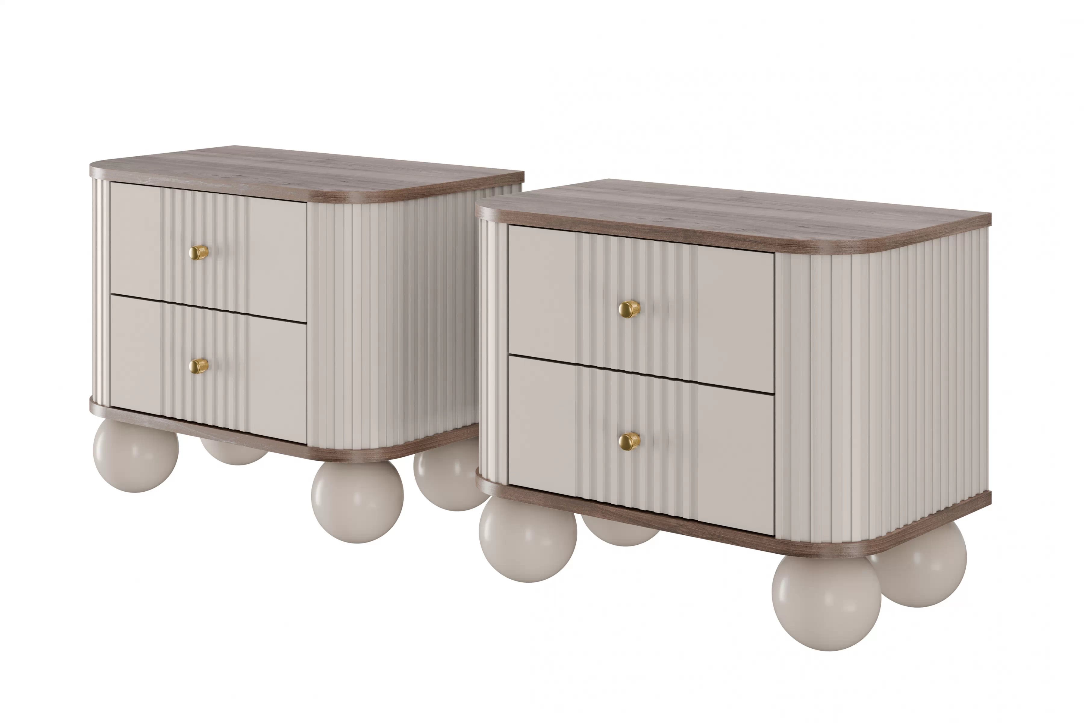 Nočné stolíky Vespera 56 cm - 2 ks - kašmírová / orech / zlatá / kašmírové nohy Komplet szafek nocnych Vesper 56 cm - kašmír / Orech / zlote úchyty / nožičky kule