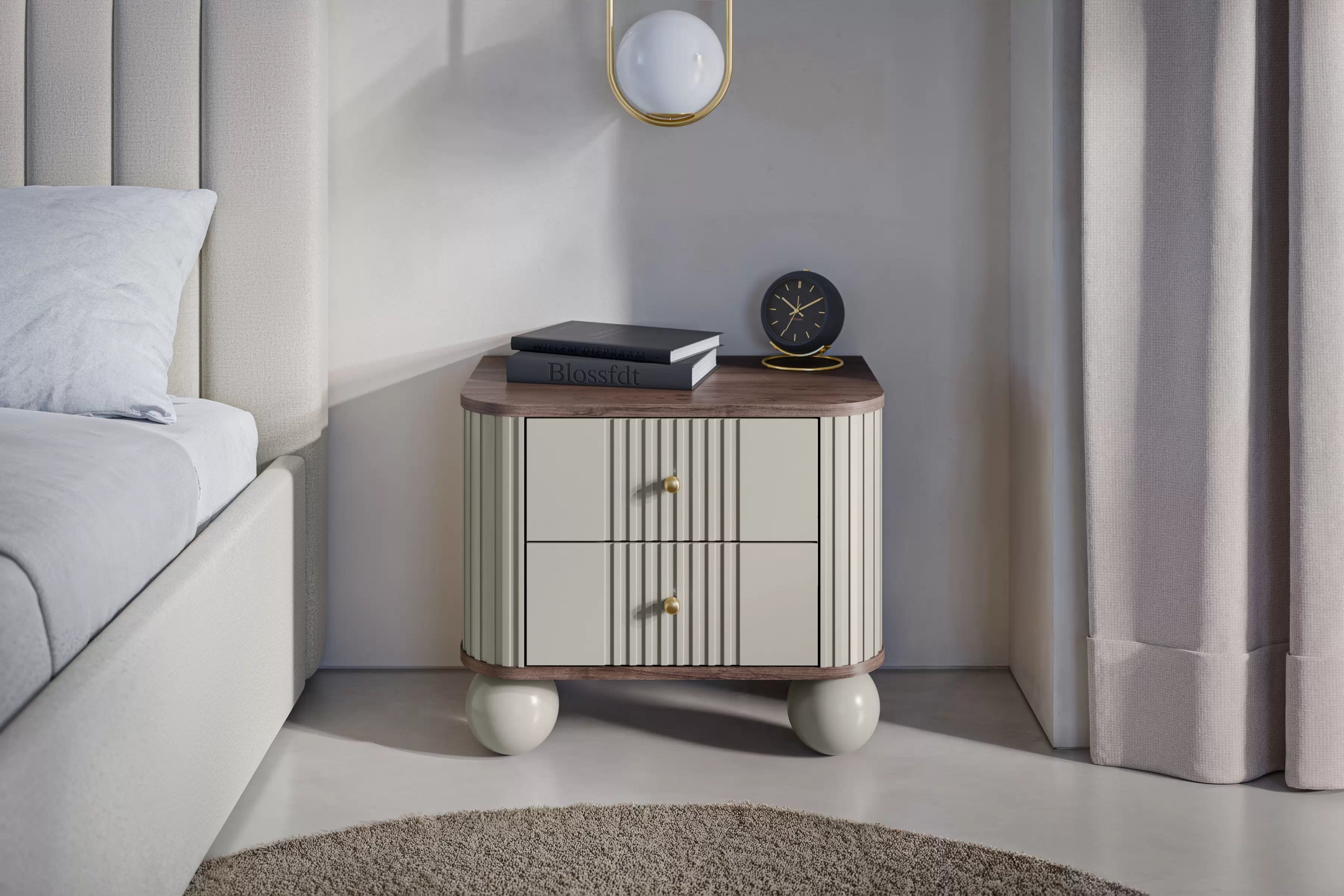 Nočné stolíky Vespera 56 cm - 2 ks - kašmírová / orech / zlatá / kašmírové nohy Komplet szafek nocnych Vesper 56 cm - kašmír / Orech / zlote úchyty / nožičky kule